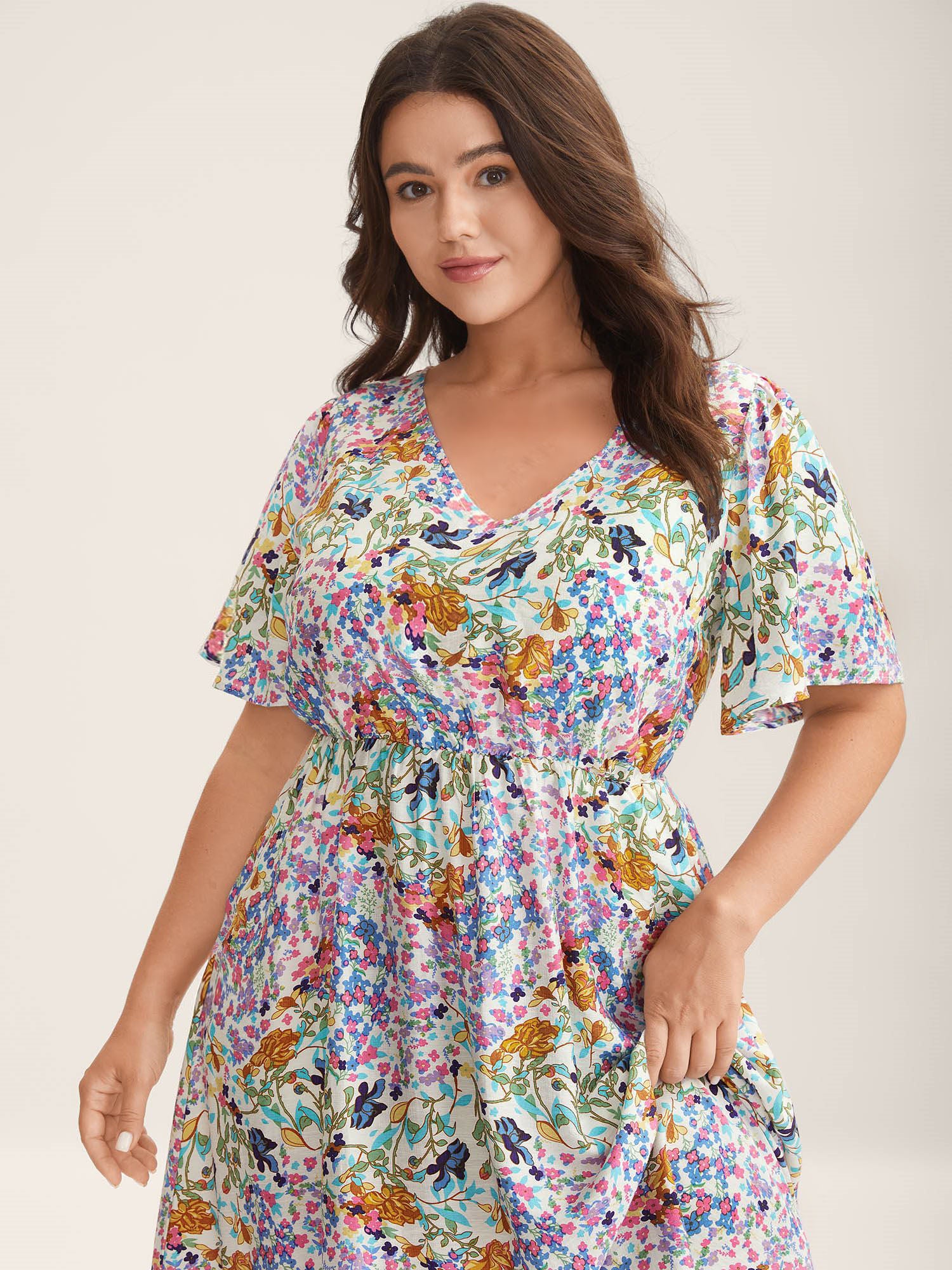 Floral Print Cinched-Waist Pockets Midi Dress