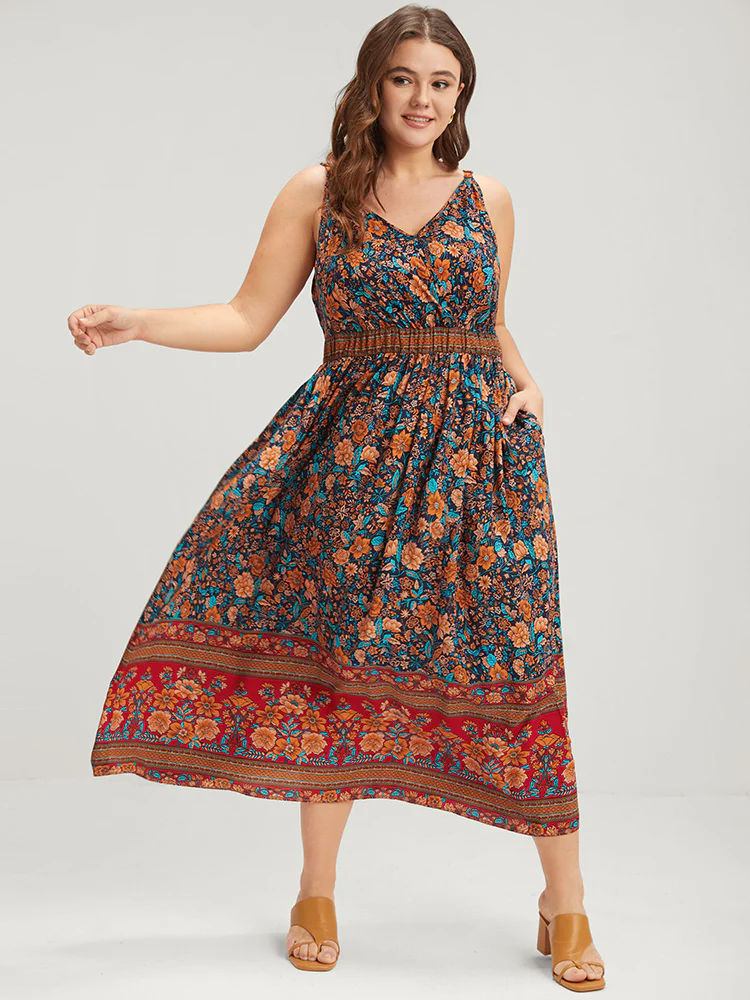 Floral Gathered Button Pocket Cami Maxi Dress