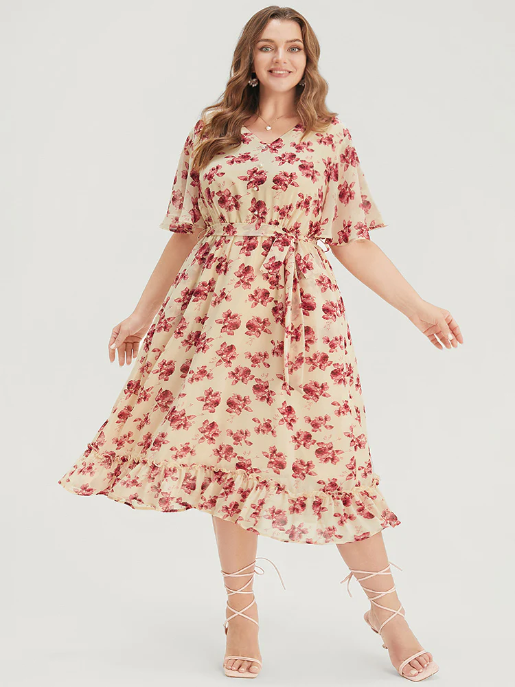 Floral Print Pearl Beaded Pocket Belt Ruffle Hem Dress