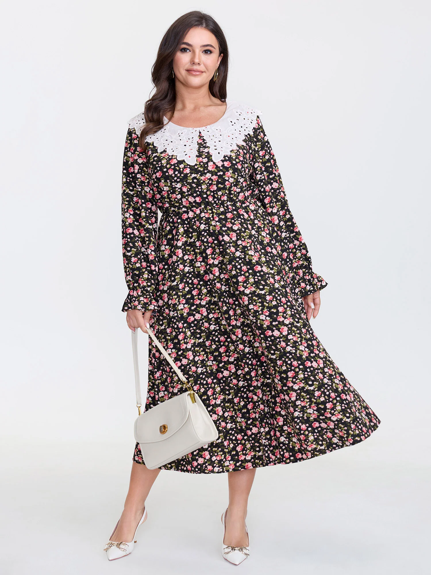 Lace Neckline Stretchy Waist-Defining Midi Dress