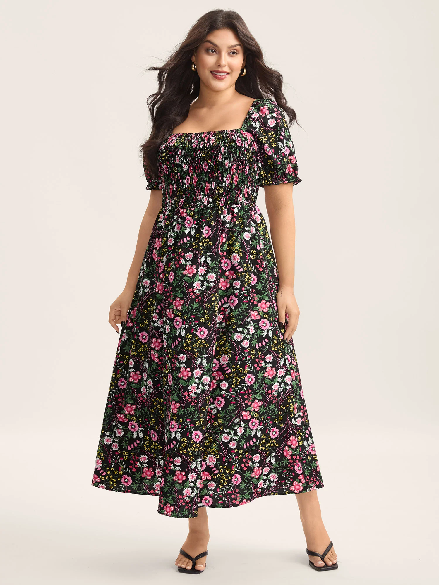 Shirred Floral Print Pockets Maxi Dress