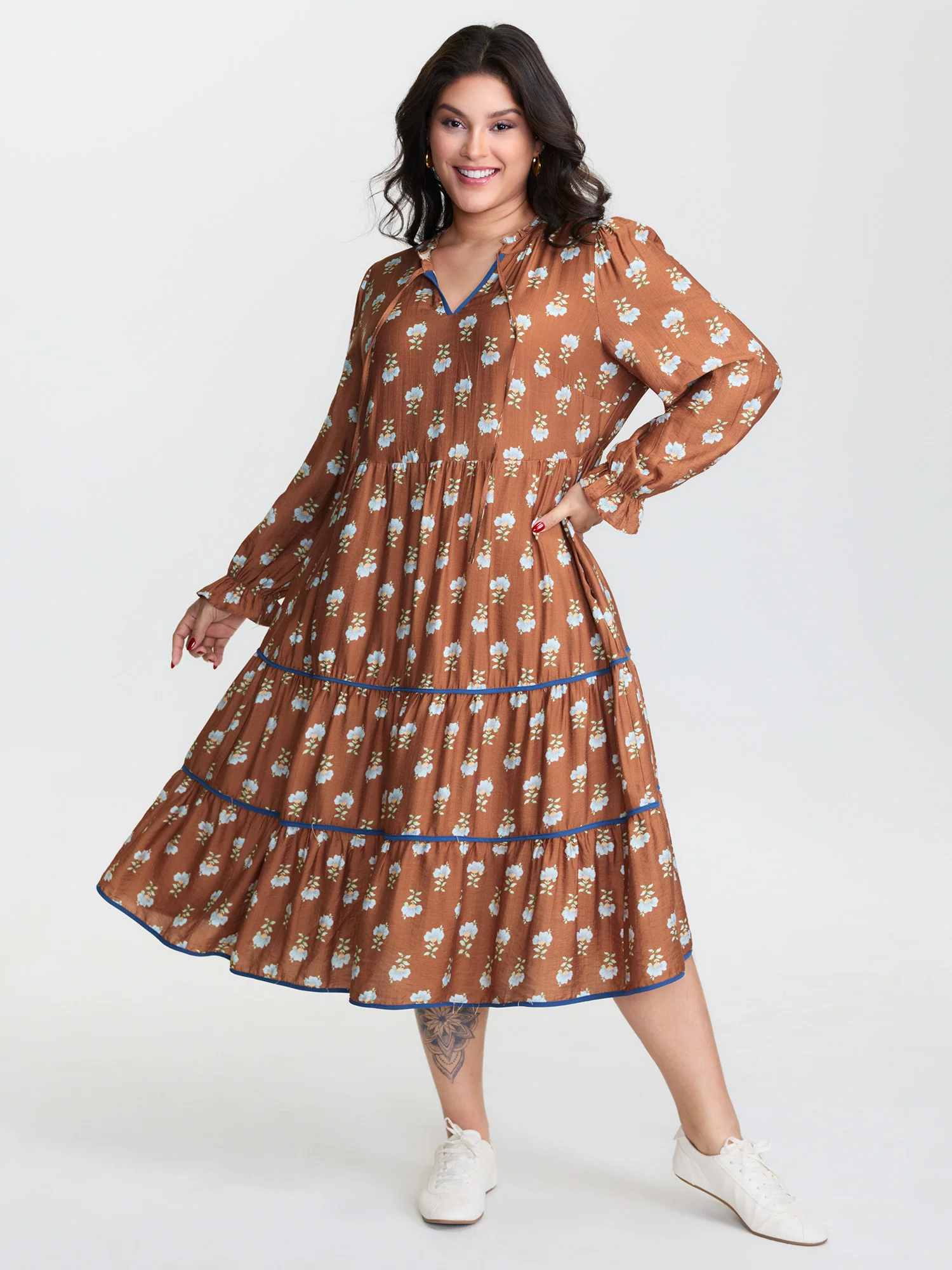 Supersoft Floral Print Drawstring Neckline Midi Dress