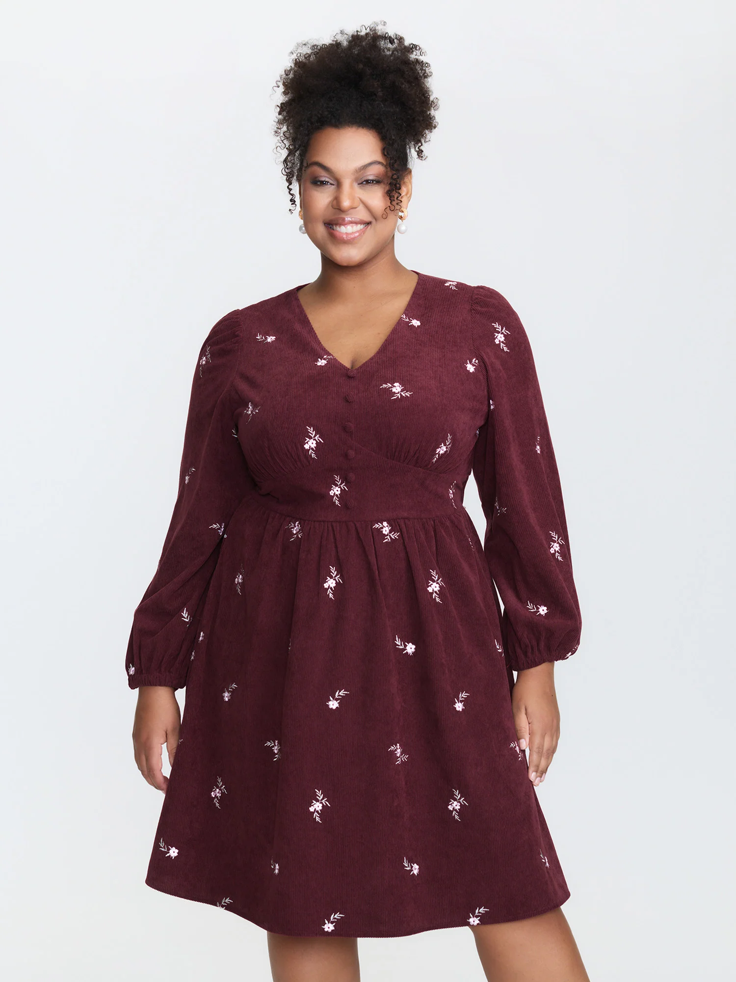 Corduroy Floral Embroidery Cinched-Waist Midi Dress