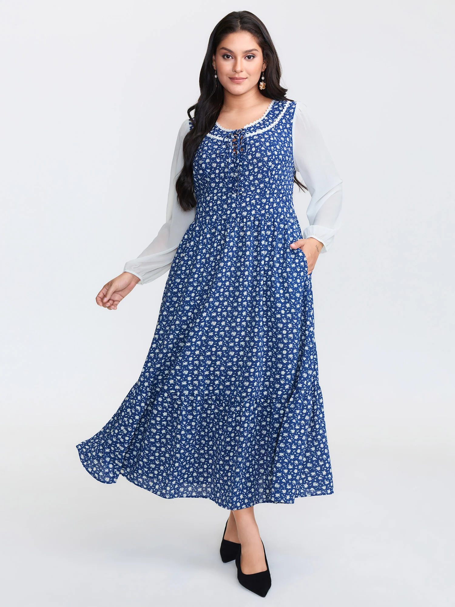 Floral Patchwork Drawstring Lace Trim Maxi Dress