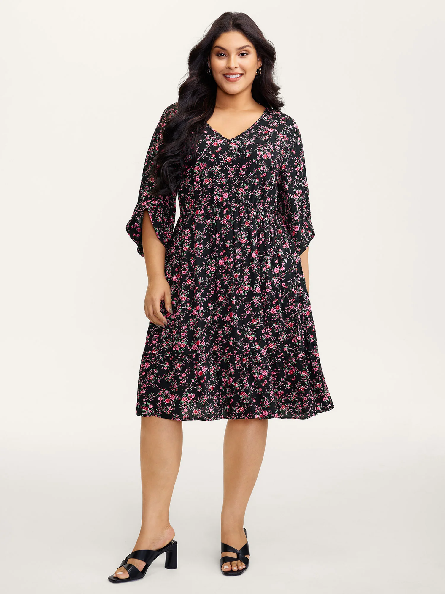 Rayon Floral Bell Sleeve Pockets Midi Dress