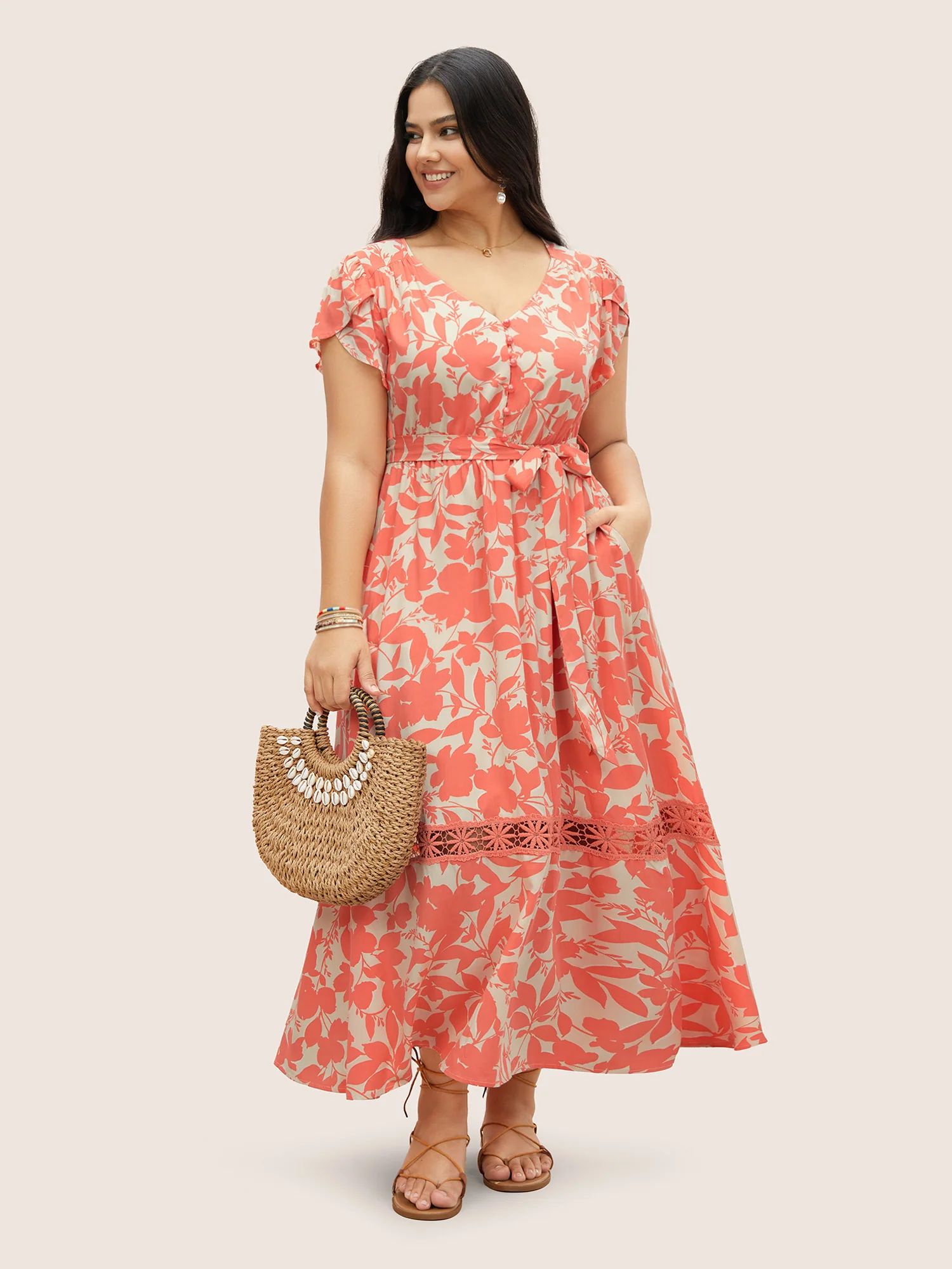 Silhouette Floral Print Lace Trim Petal Sleeve Dress