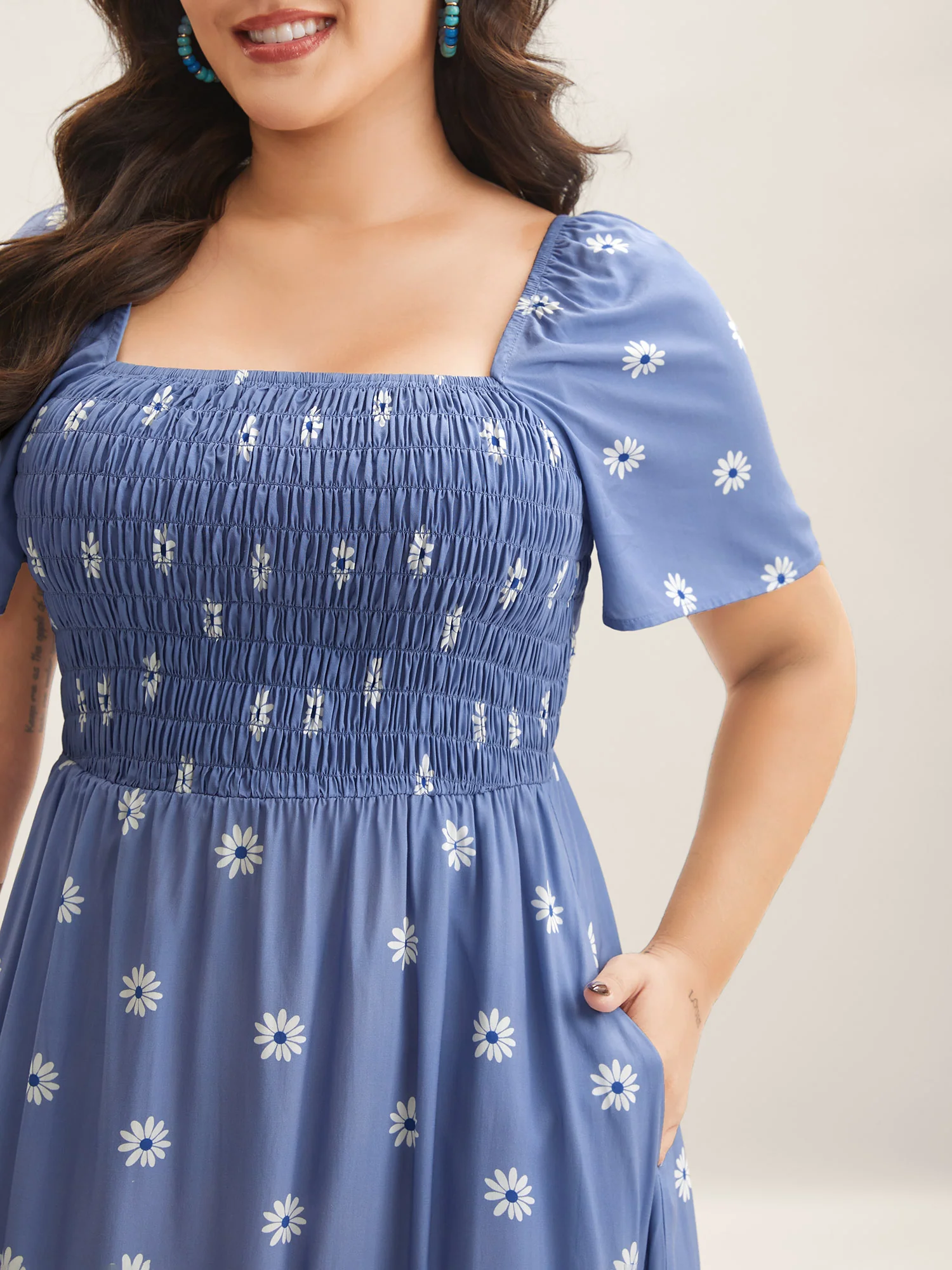 Rayon Floral Shirred Midi Dress