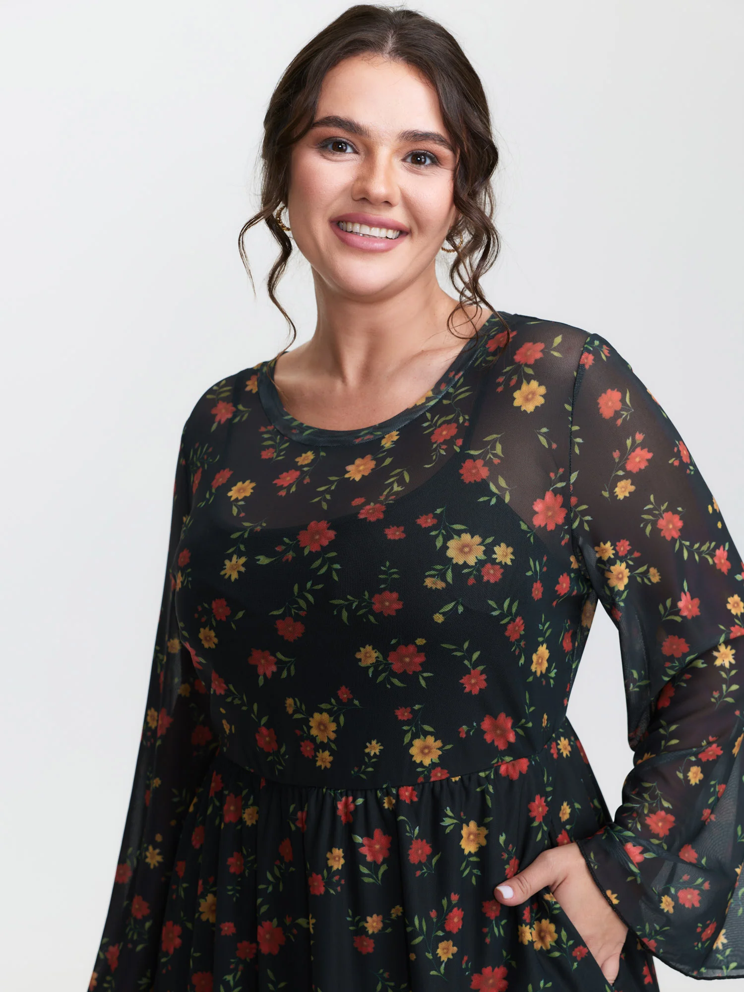 Floral Super Stretchy Mesh Sheer Pockets Midi Dress