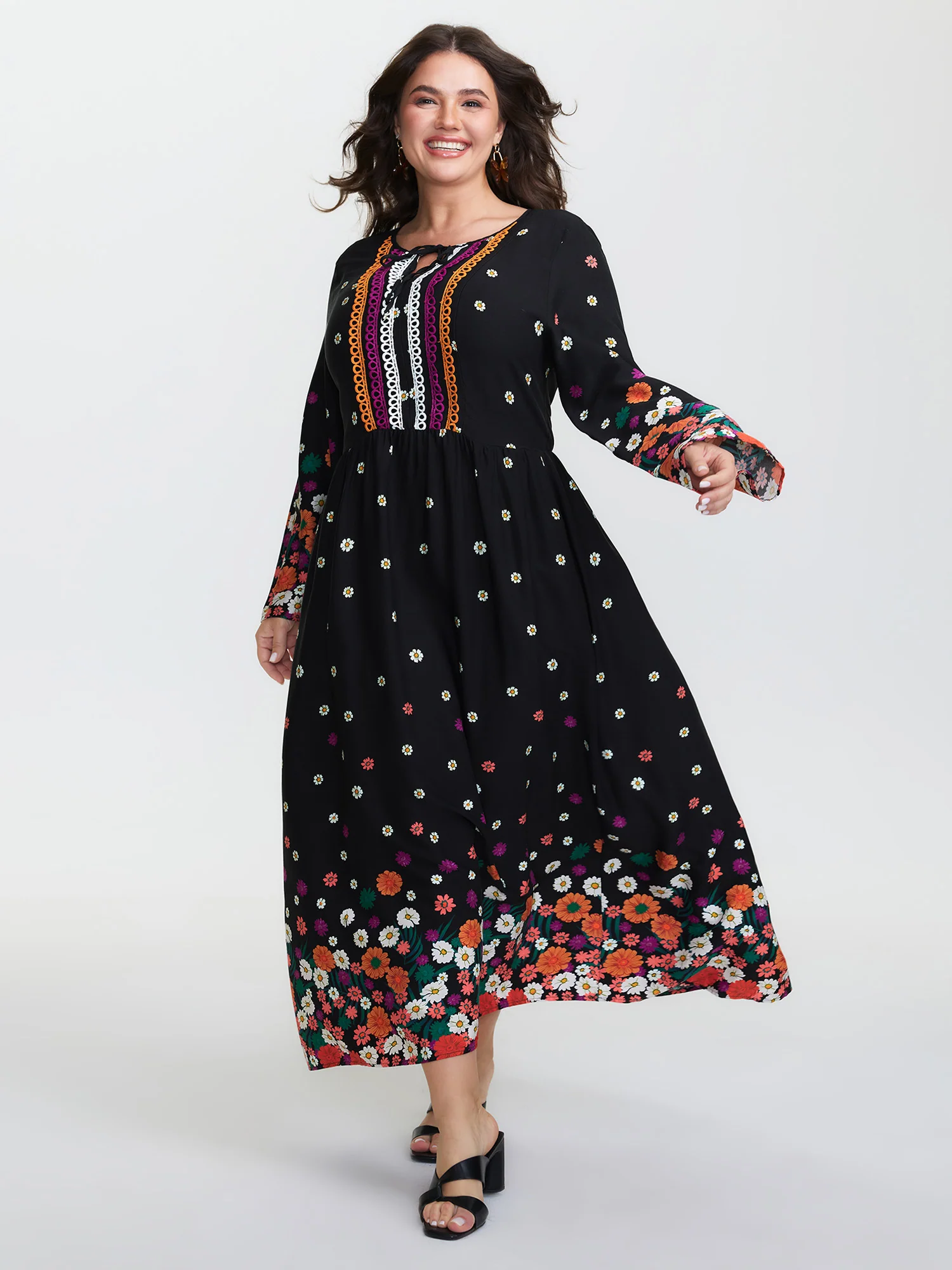 Floral Color Contrast Flared Sleeve Maxi Dress