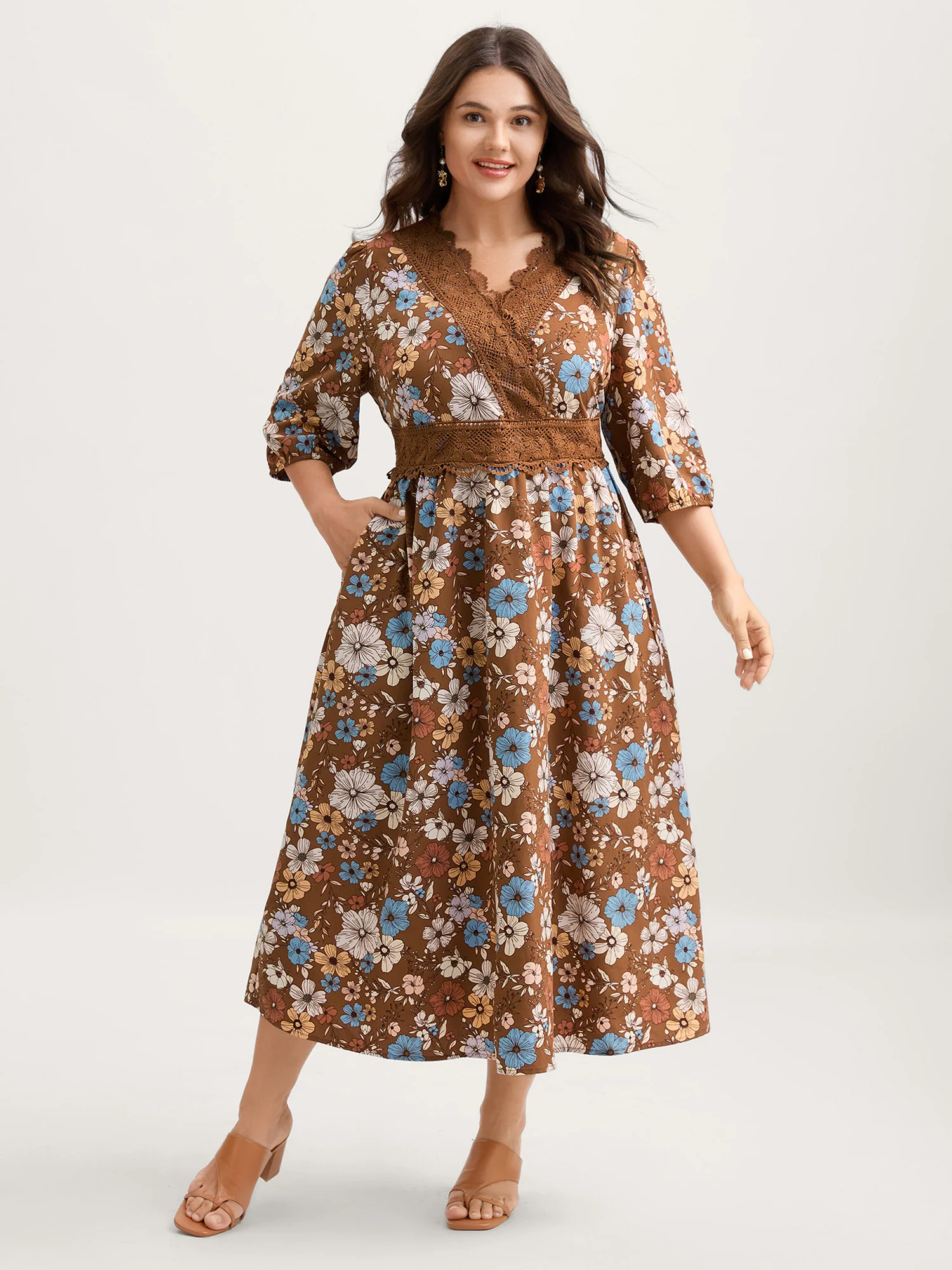 Fall Florals Lace Trim Neckline Midi Dress