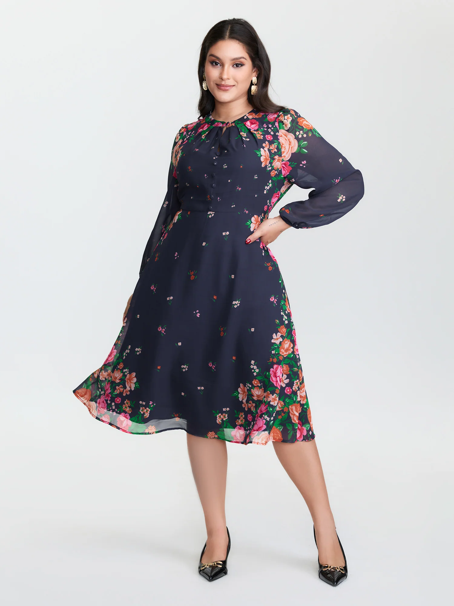 Keyhole Neckline Floral Print Midi Dress