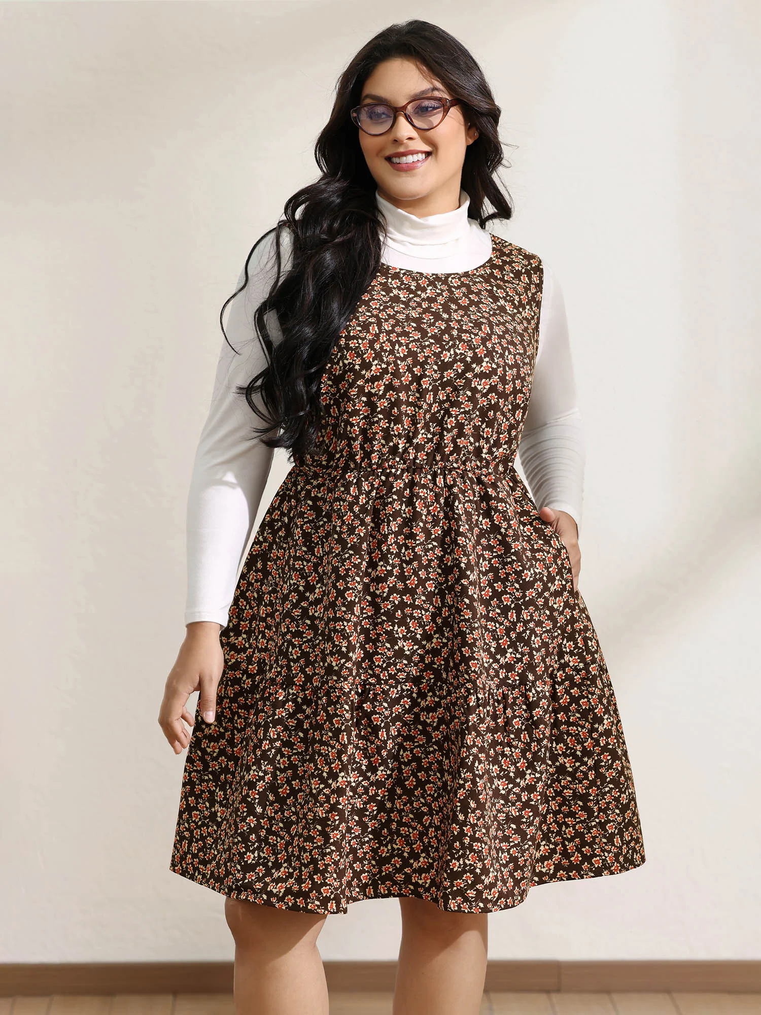 Floral Print Pockets Sleeveless Midi Dress