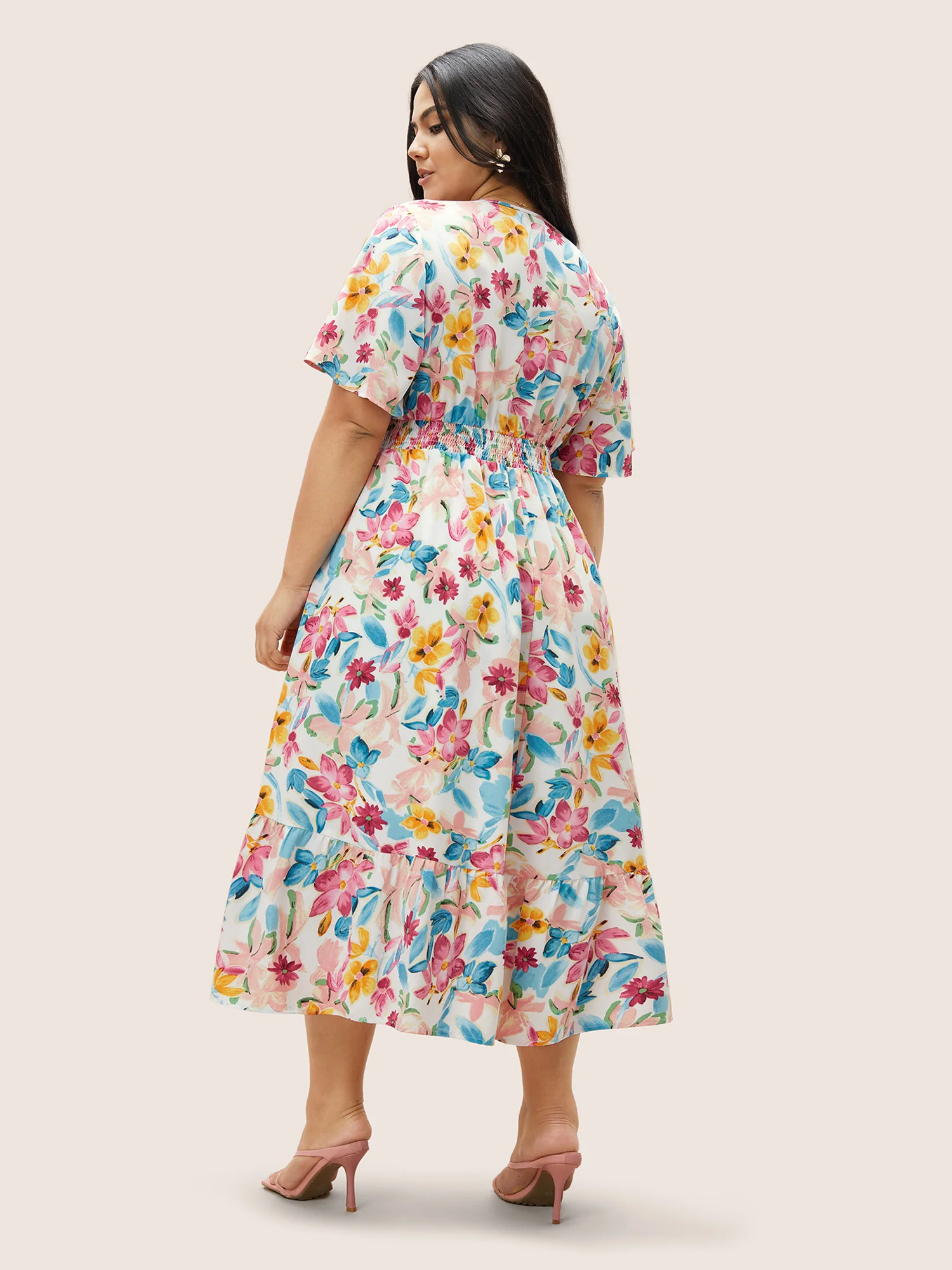 Floral Overlap Collar Shirred Ruffle Sleeve Dress