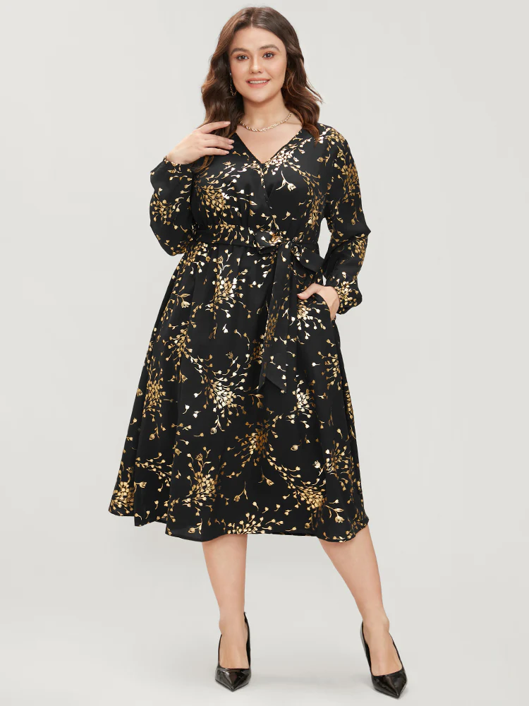 Floral Pocket Lantern Sleeve Belted Surplice Neck Dress