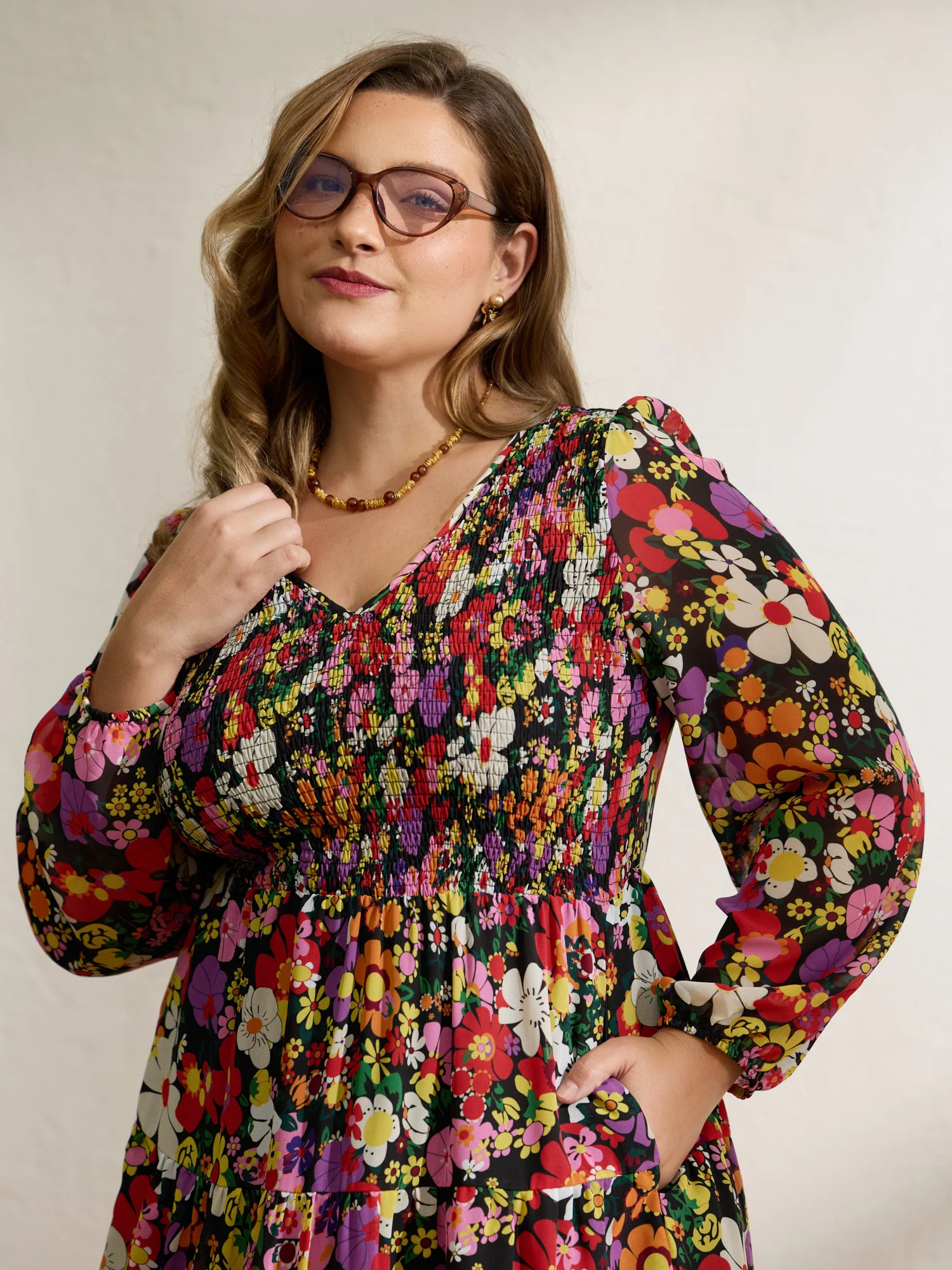 Floral Shirred Pockets Stretchy Waist Midi Dress