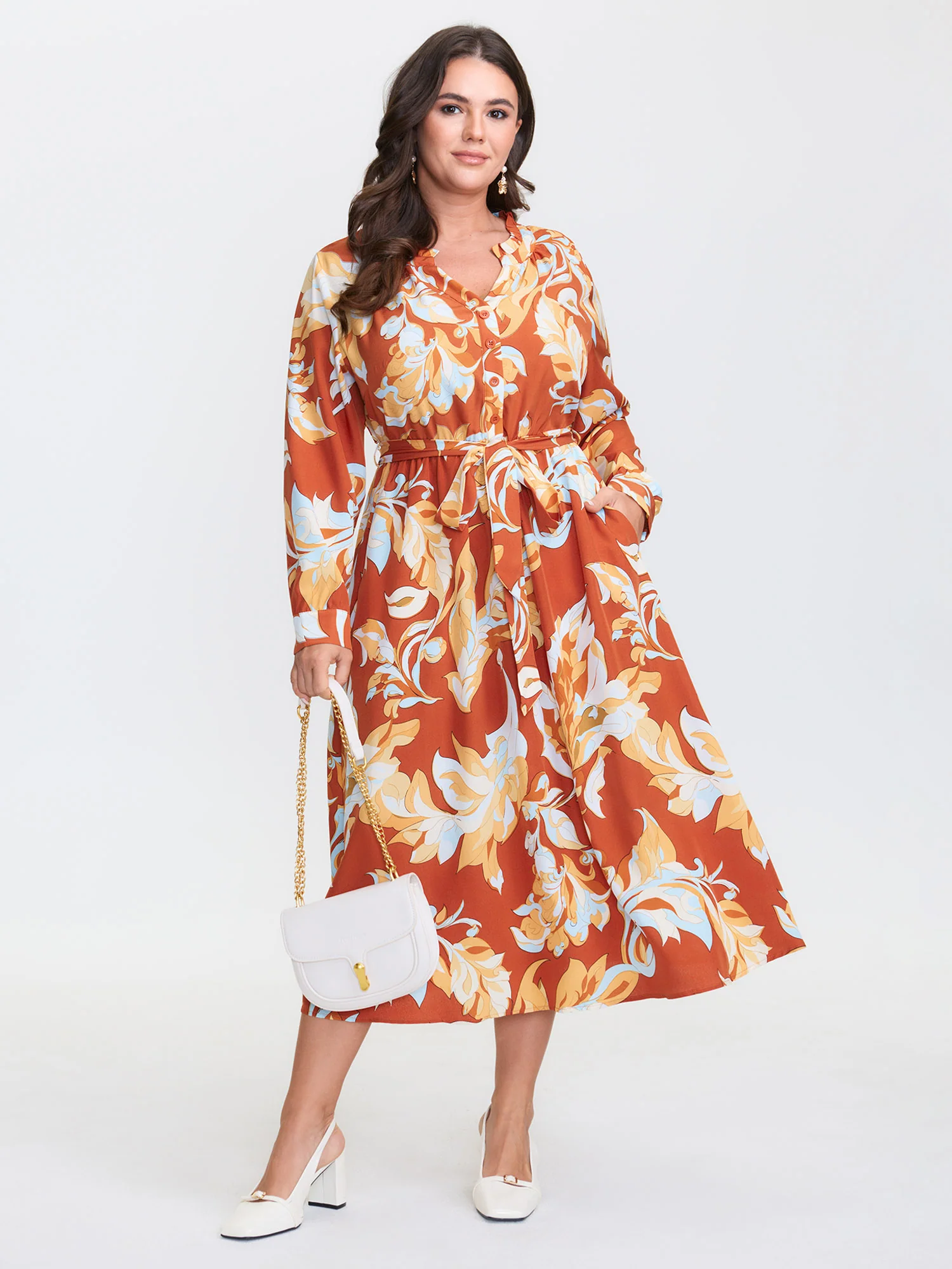 Leaf Print Waist-Defining Ruffled Neck Midi Dress