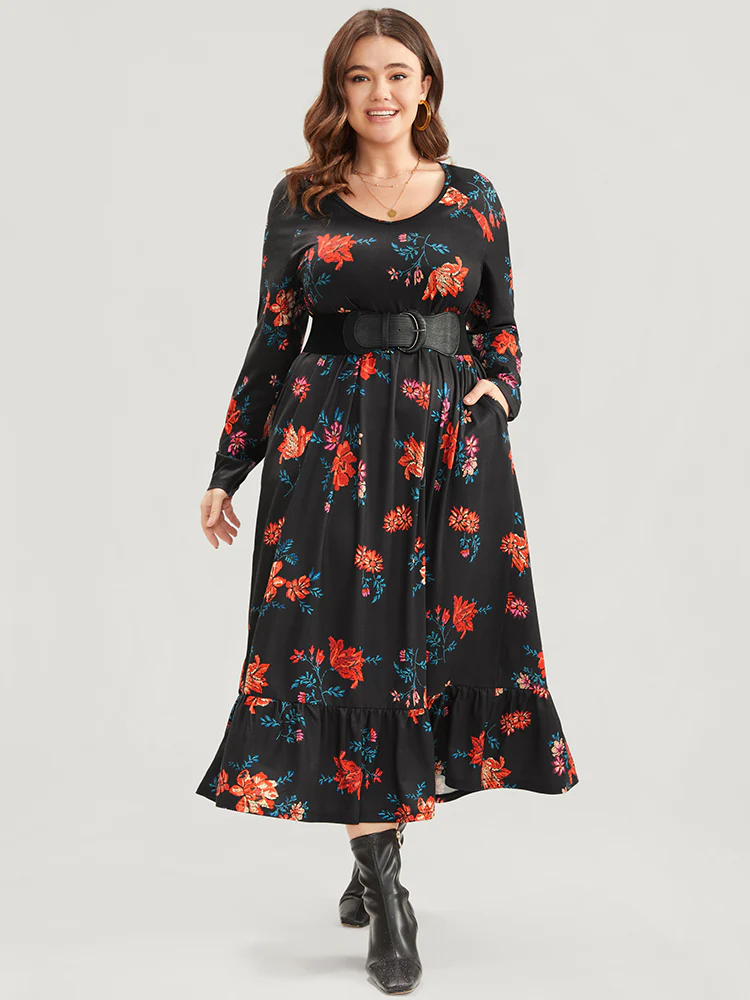 Floral Print V Neck Pocket Flutter Hem Dress Without Belt