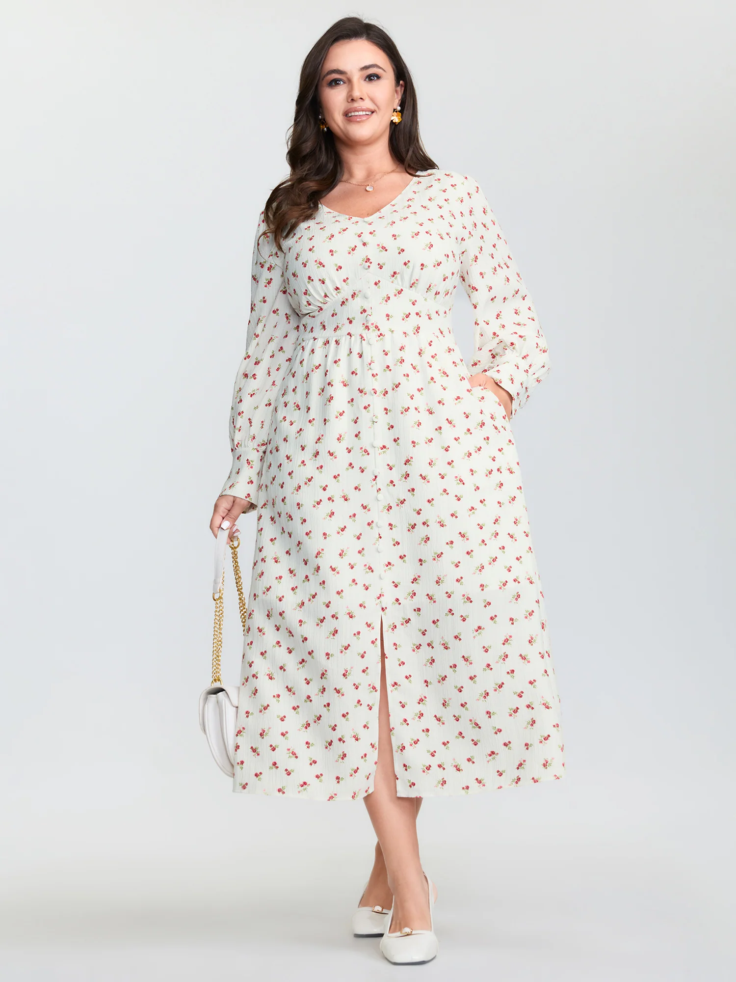 Micro Floral Print Button Placket Midi Dress