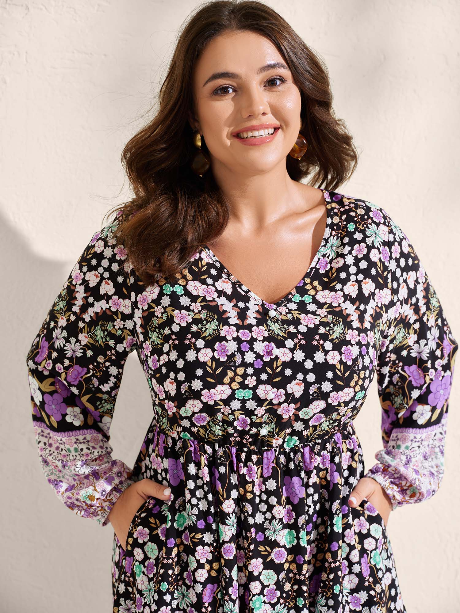 Floral Color Contrast Elastic Cuff Midi Dress