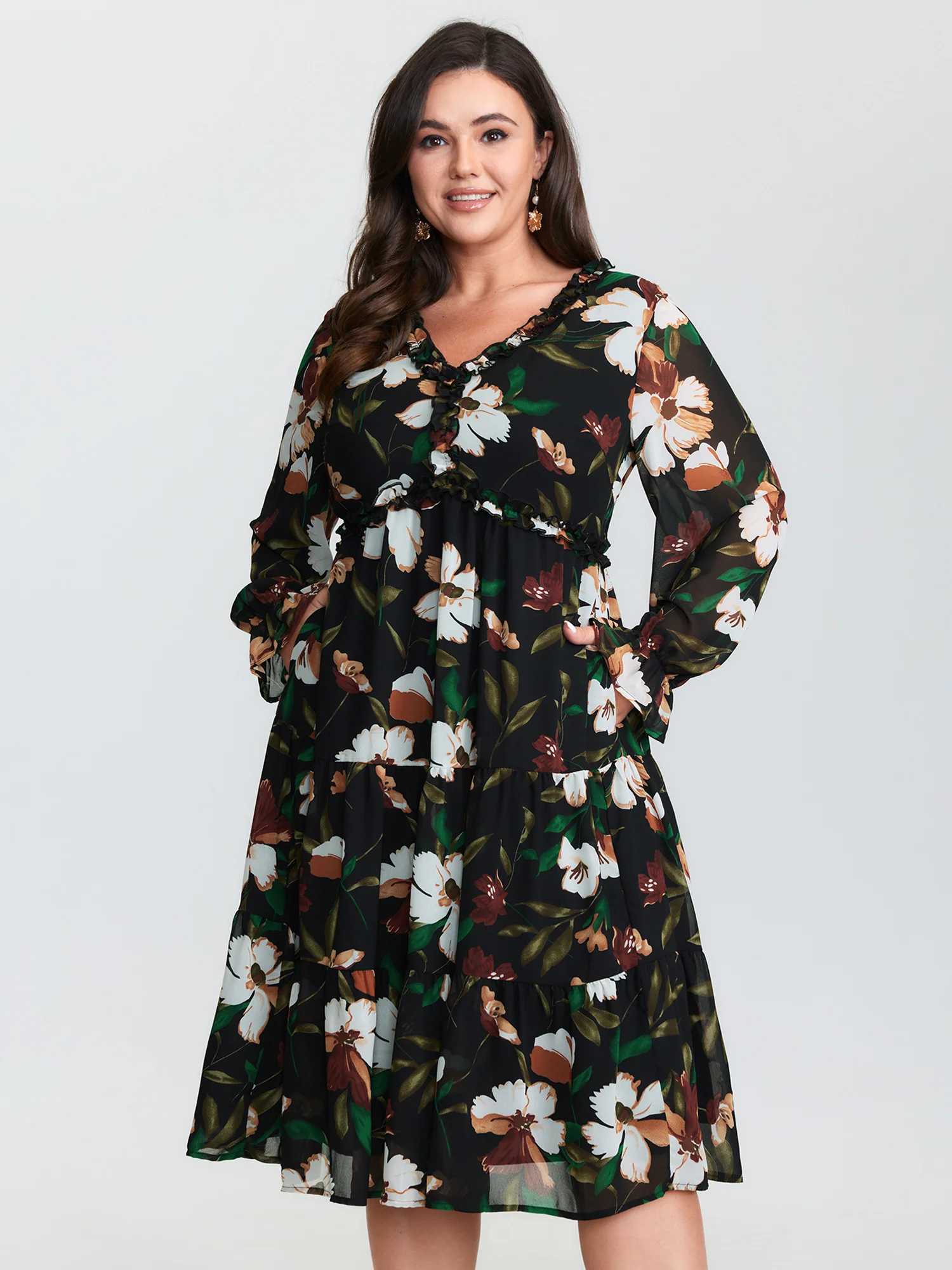 Tropical Floral Print Ruffled Neckline Midi Dress