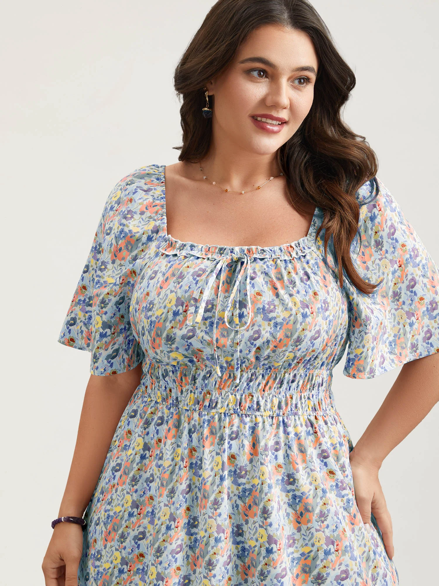 Smocked Waist Floral Ties Tiered Maxi Dress