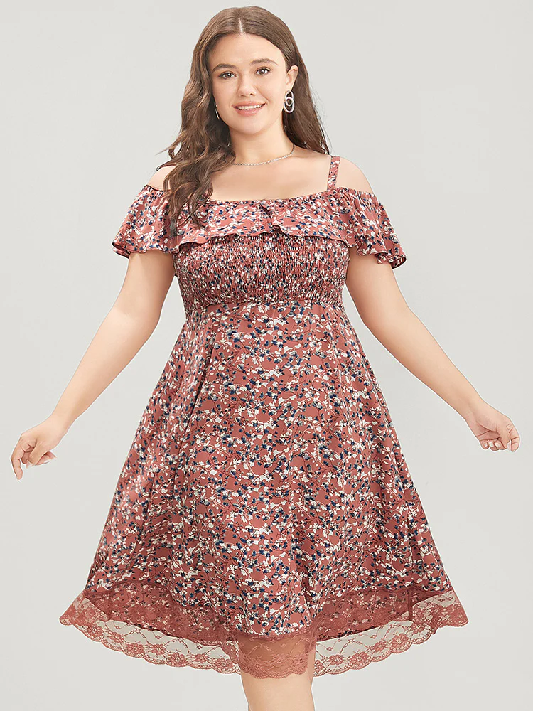 Ditsy Floral Cold Shoulder Shirred Pocket Ruffle Lace Hem Dress