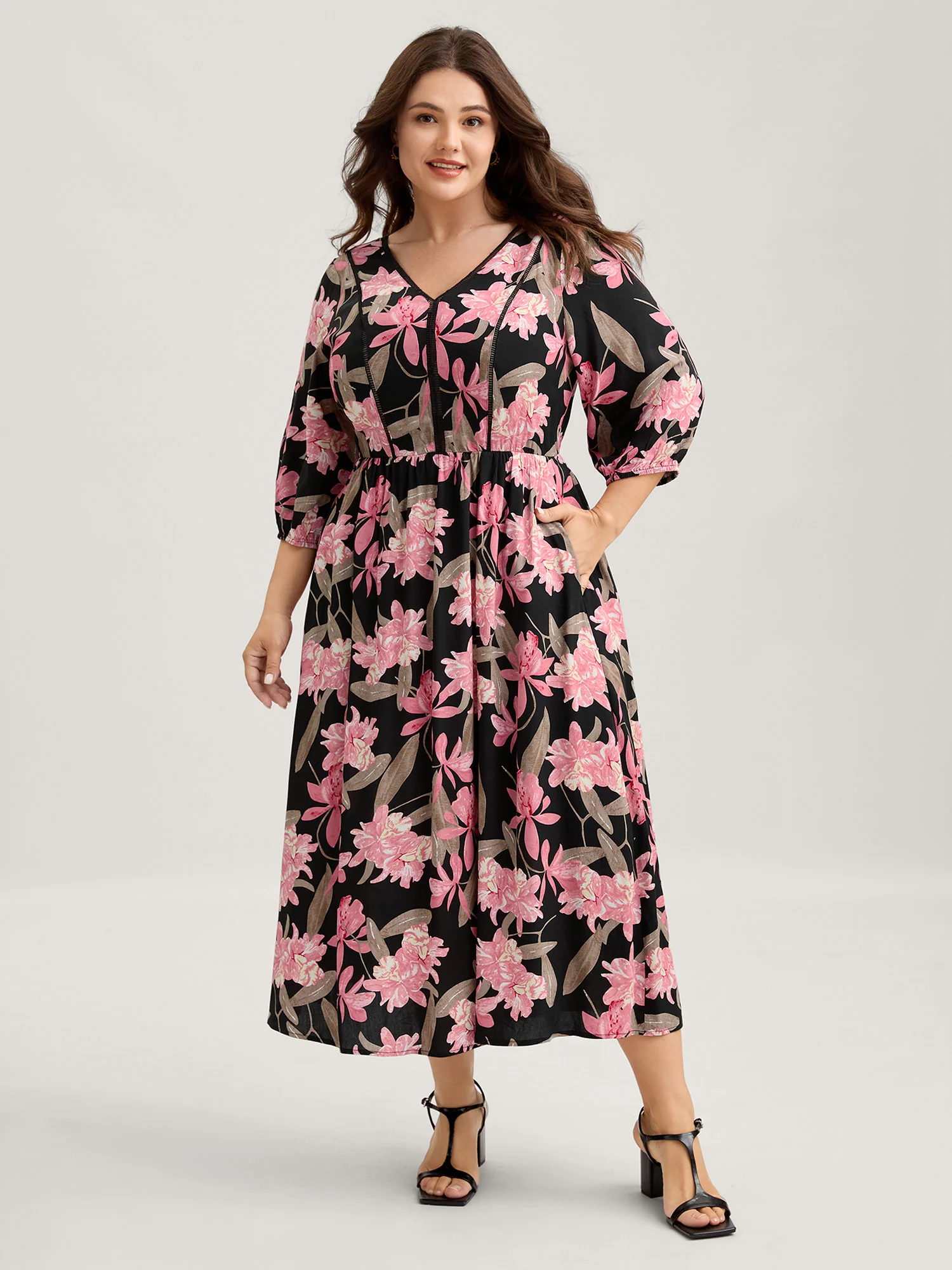Rayon Floral Lace Panel Pockets Maxi Dress