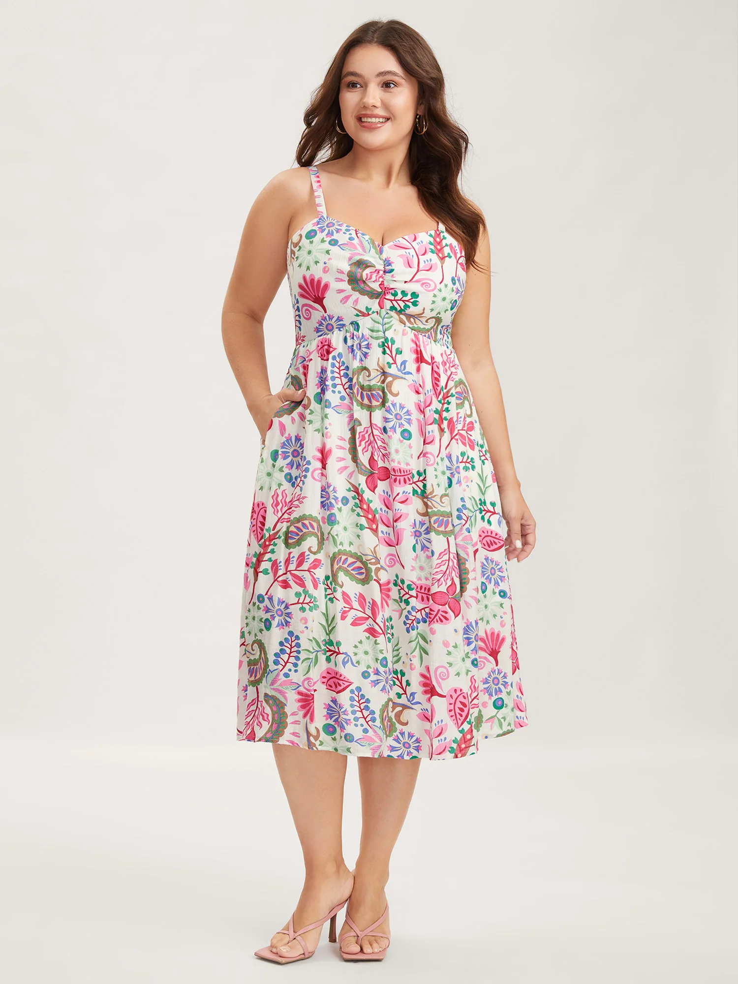 Backless Bow Paisley Print Cami Midi Dress