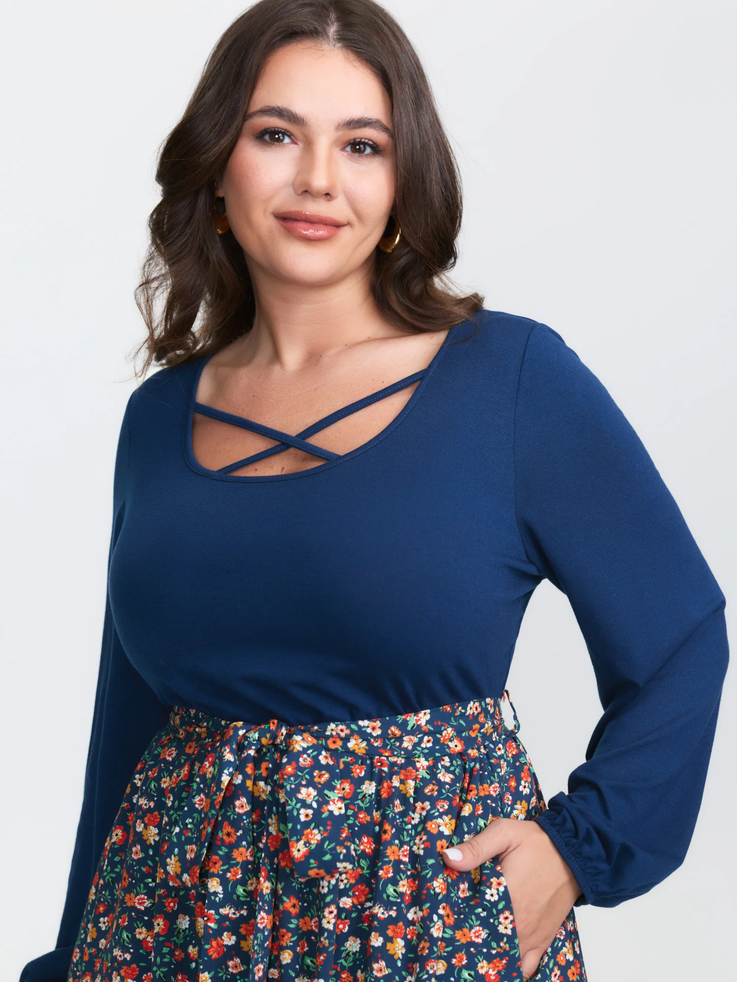 Floral Patchwork Pockets Belted Midi Dress