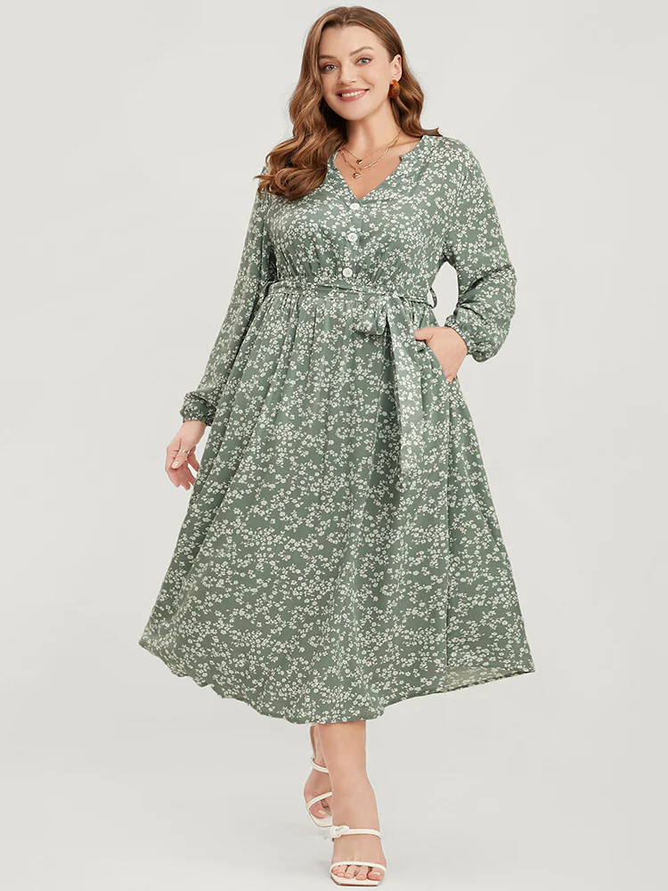 Ditsy Floral Lantern Sleeve Pocket Button Through Belted Midi Dress