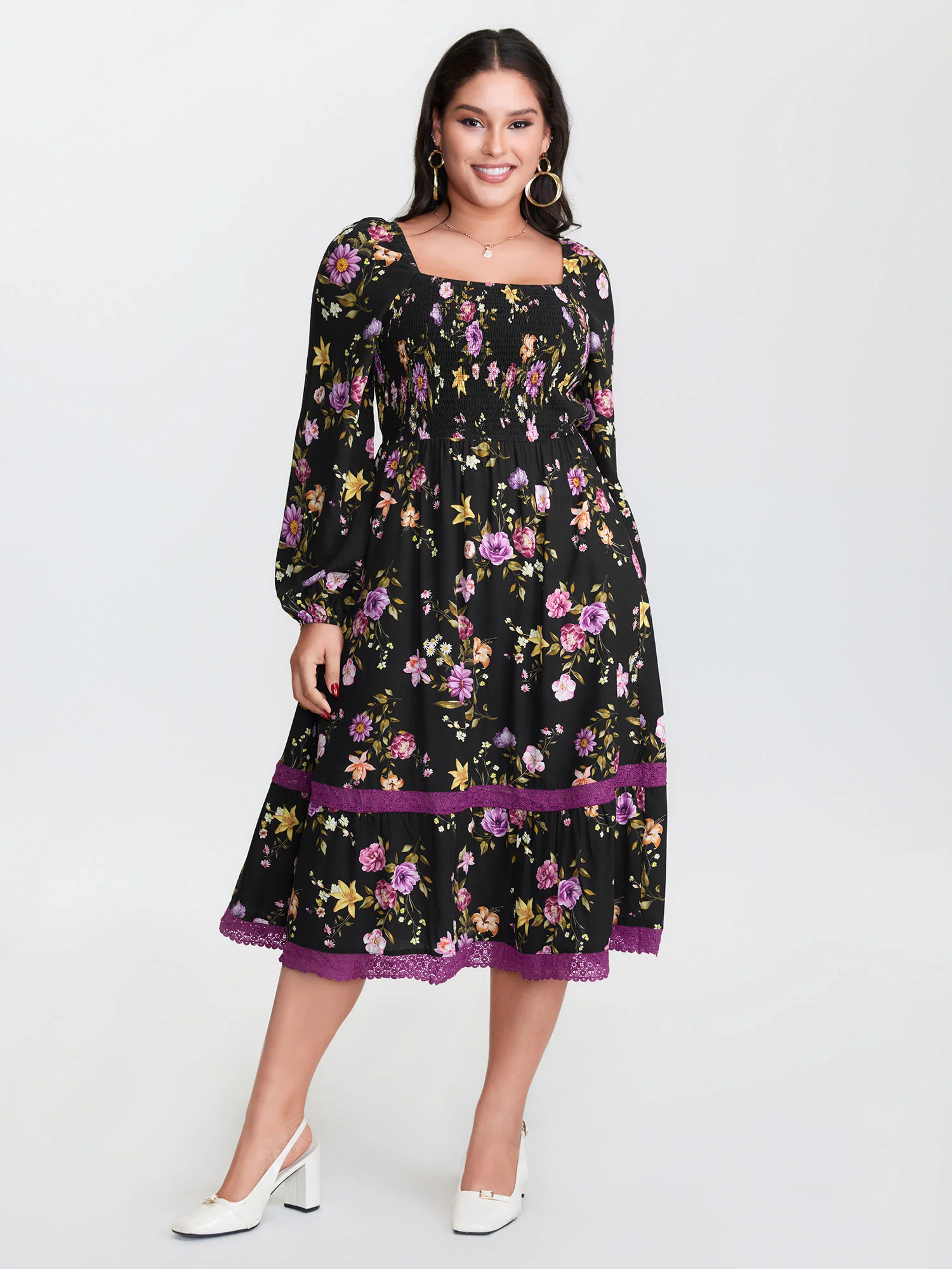 Floral Shirred Stretchy Waist Midi Dress