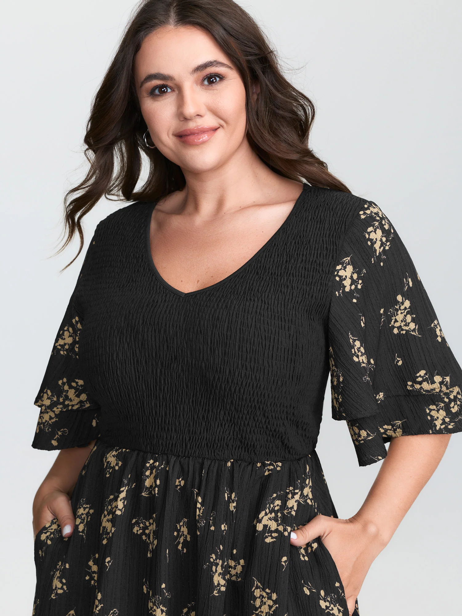 Floral Shirred Color Contrast Midi Dress