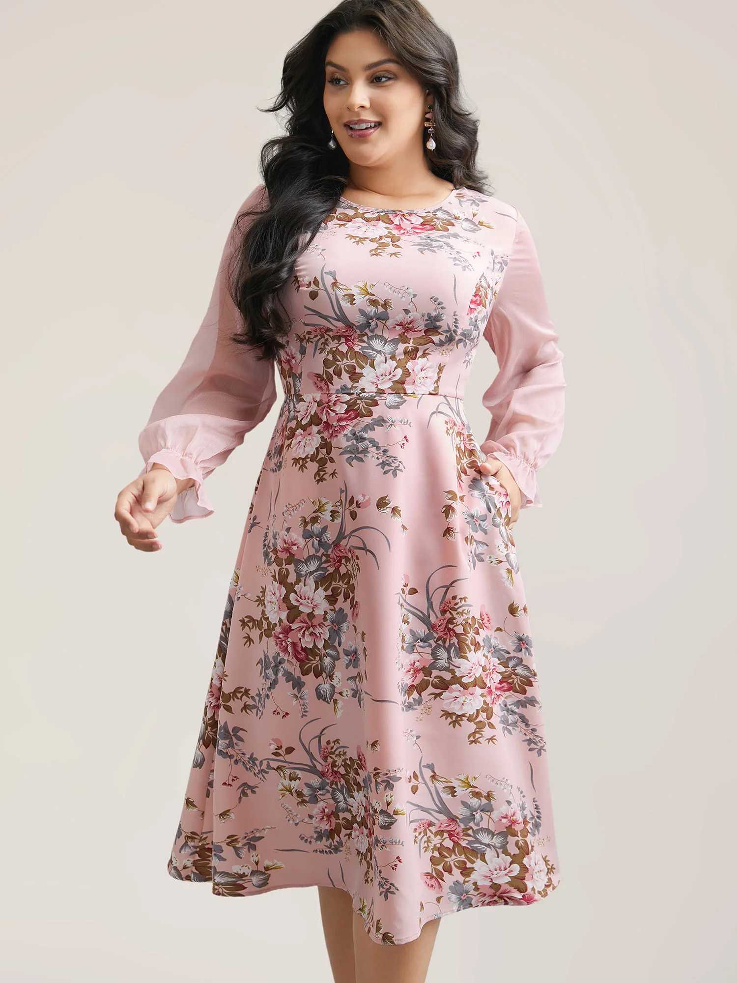 Floral Print Spliced Waist Cinched Midi Dress