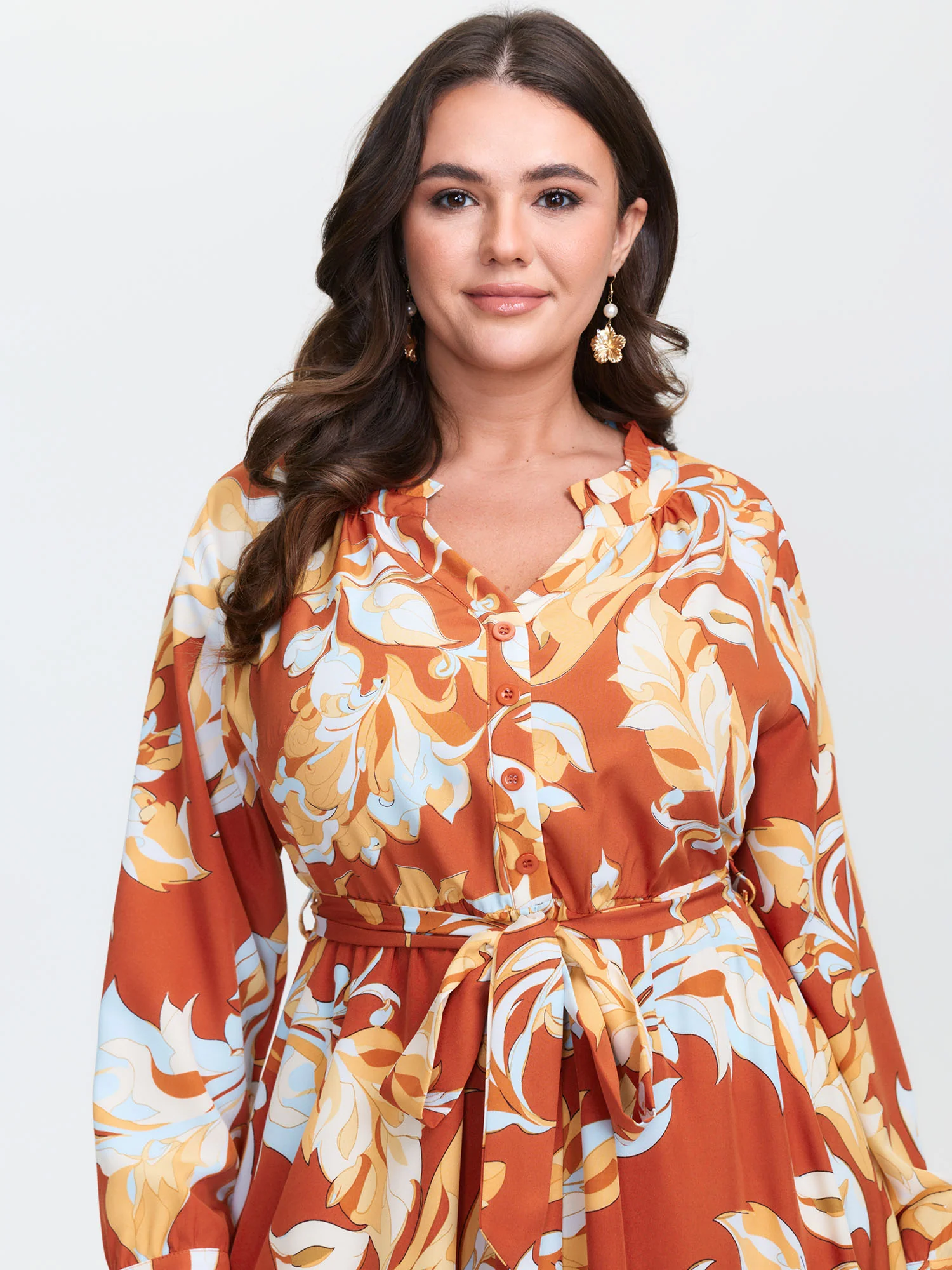 Leaf Print Waist-Defining Ruffled Neck Midi Dress
