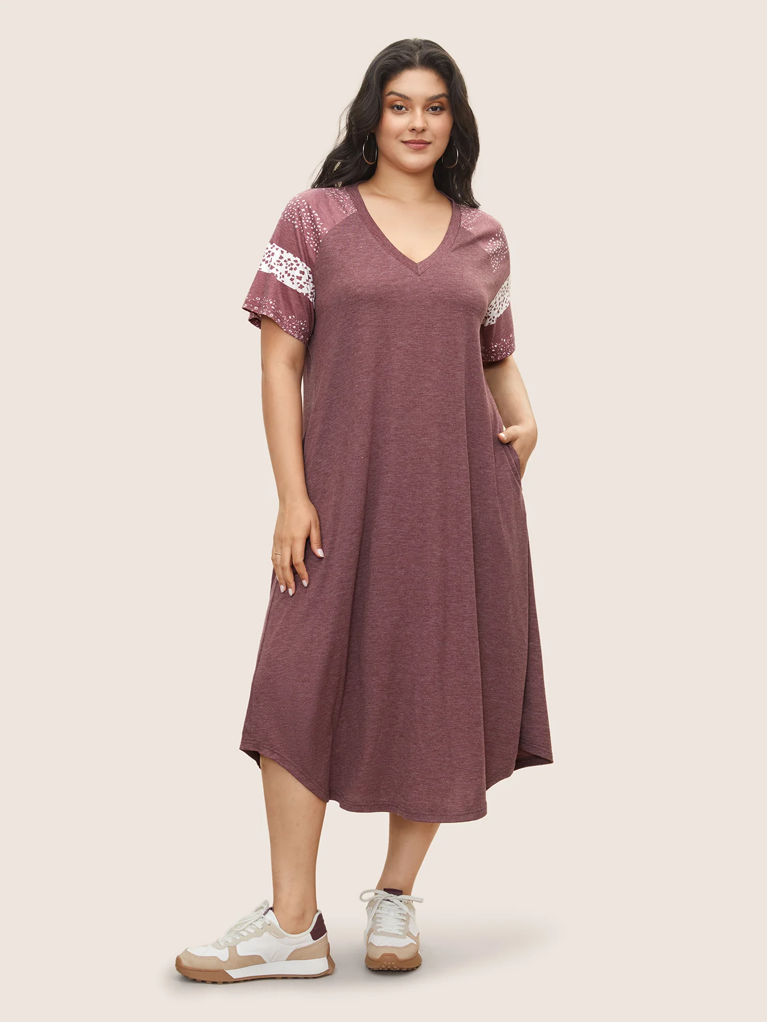 Ditsy Floral Patchwork Raglan Sleeve Pocket Dress