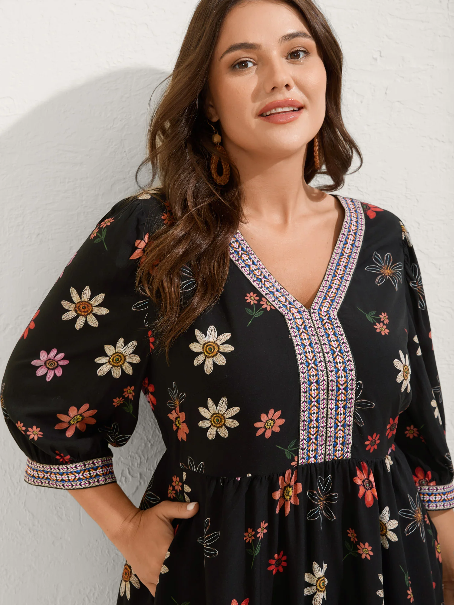 Colorful Floral Ribbon Neckline Pockets Midi Dress