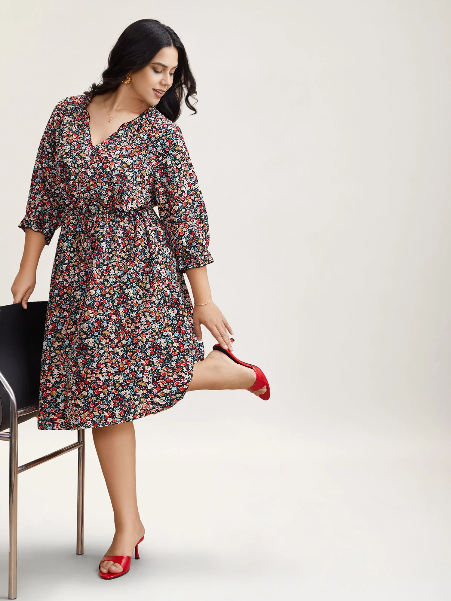 Floral Print Drawstring Pockets Flared Midi Dress