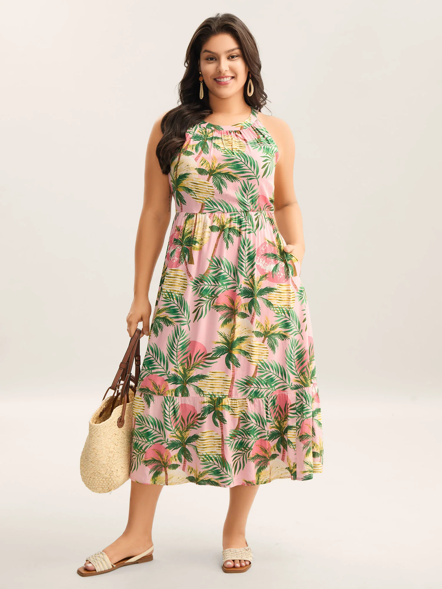 Tropical Print Cinched-Waist Pockets Midi Dress