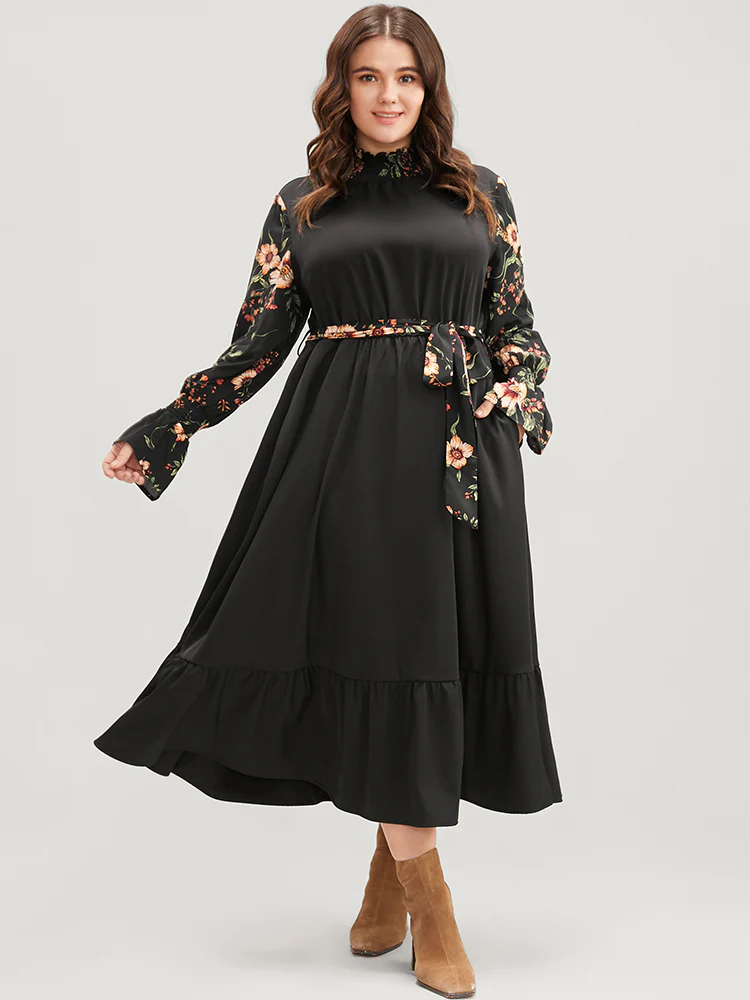 Floral Patchwork Lantern Sleeve Pocket Belted Shirred Mock Neck Dress