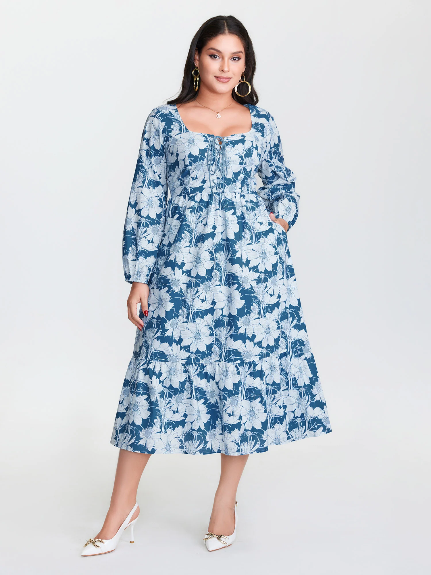 Floral Shirred Drawstring Neckline Midi Dress