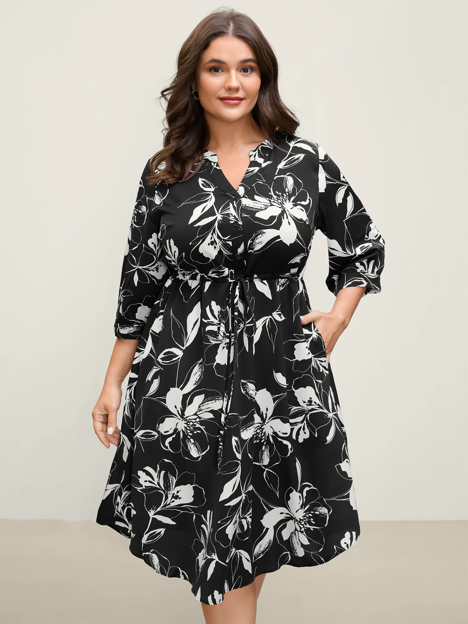 Floral Print Drawstring Waist Midi Dress