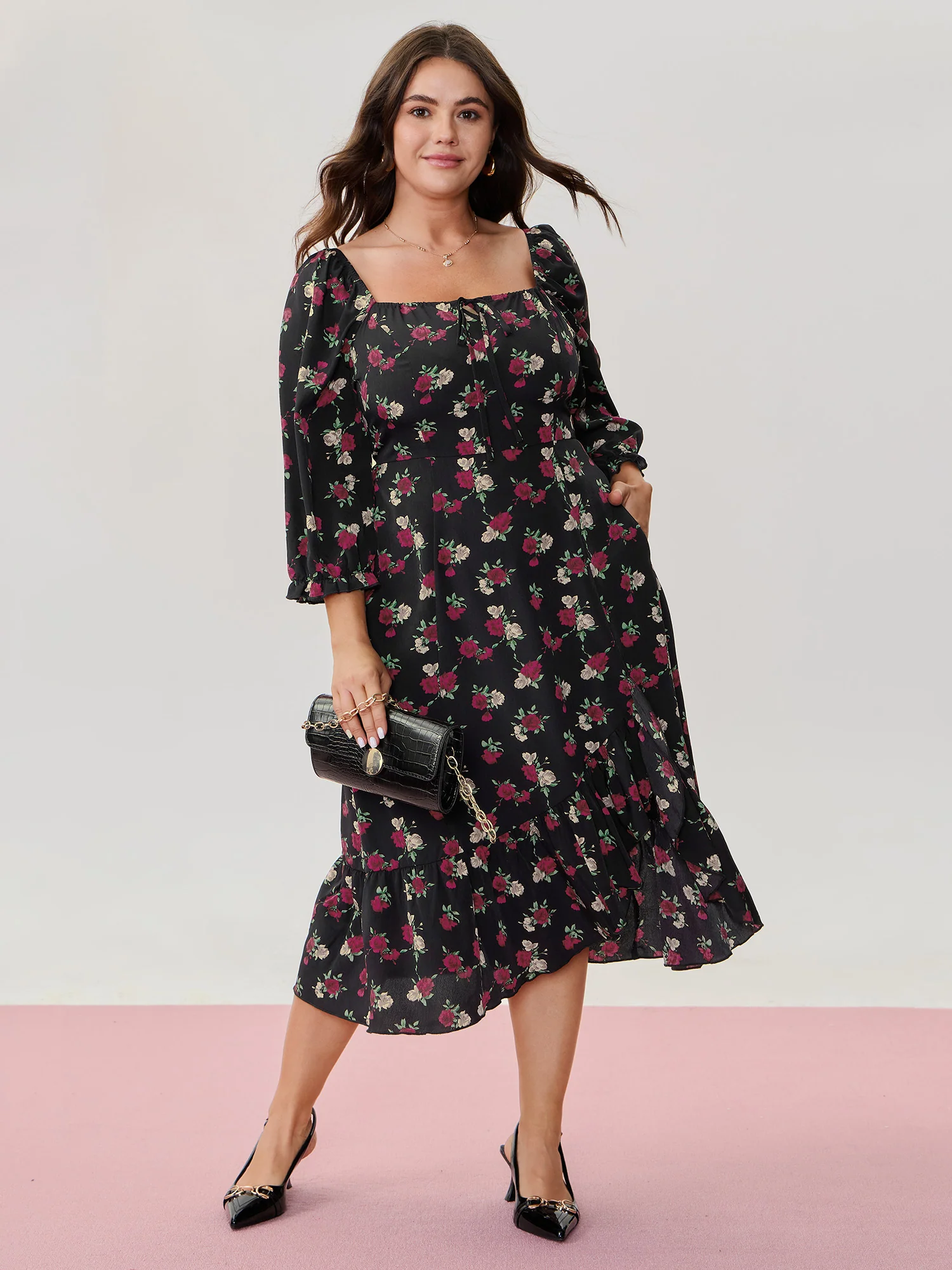 Colorful Rose Pattern Drawstring Neckline Midi Dress