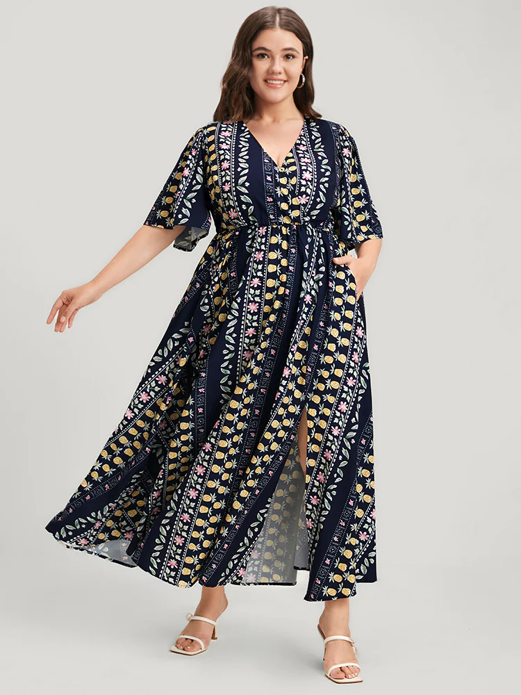 Floral Striped Ruffles Split Pocket Wrap Maxi Dress