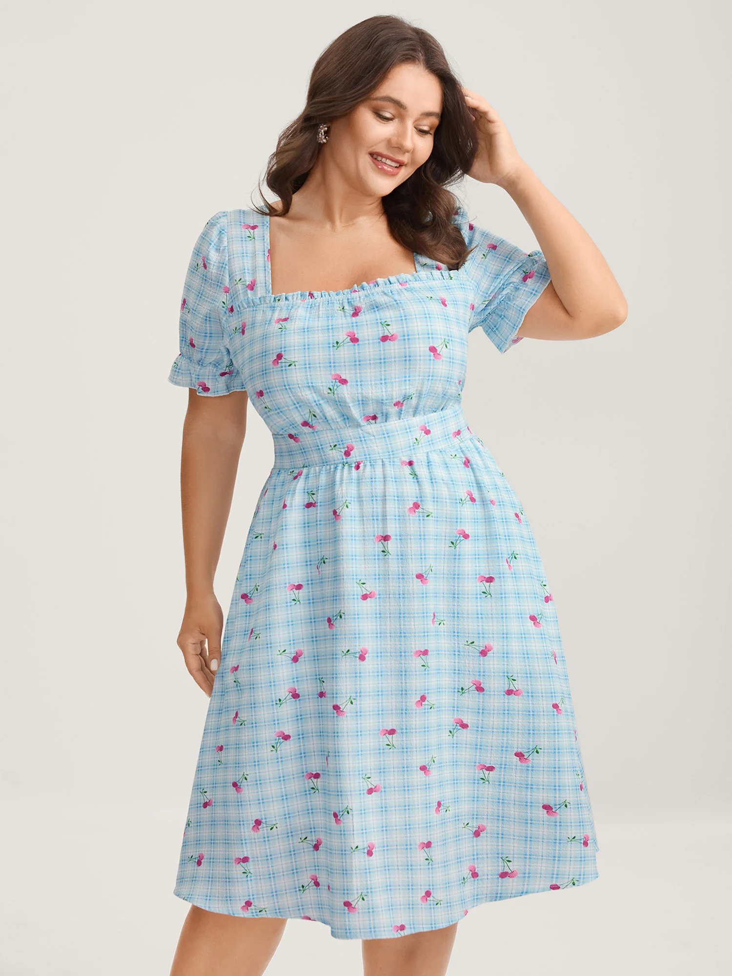 Cherry Gingham Print Shirred Midi Dress