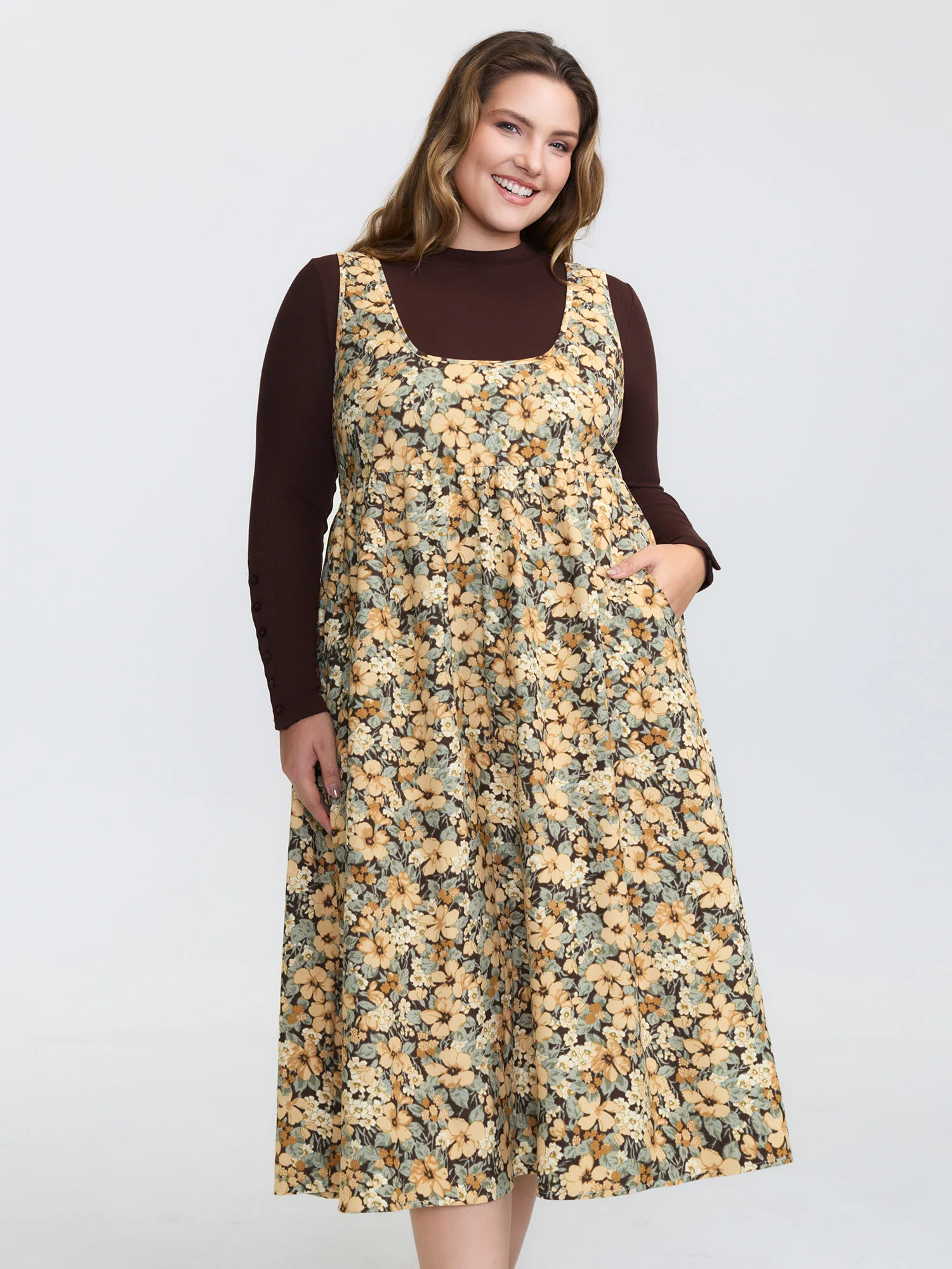 Floral Print Waist-Defining A-Line Midi Dress