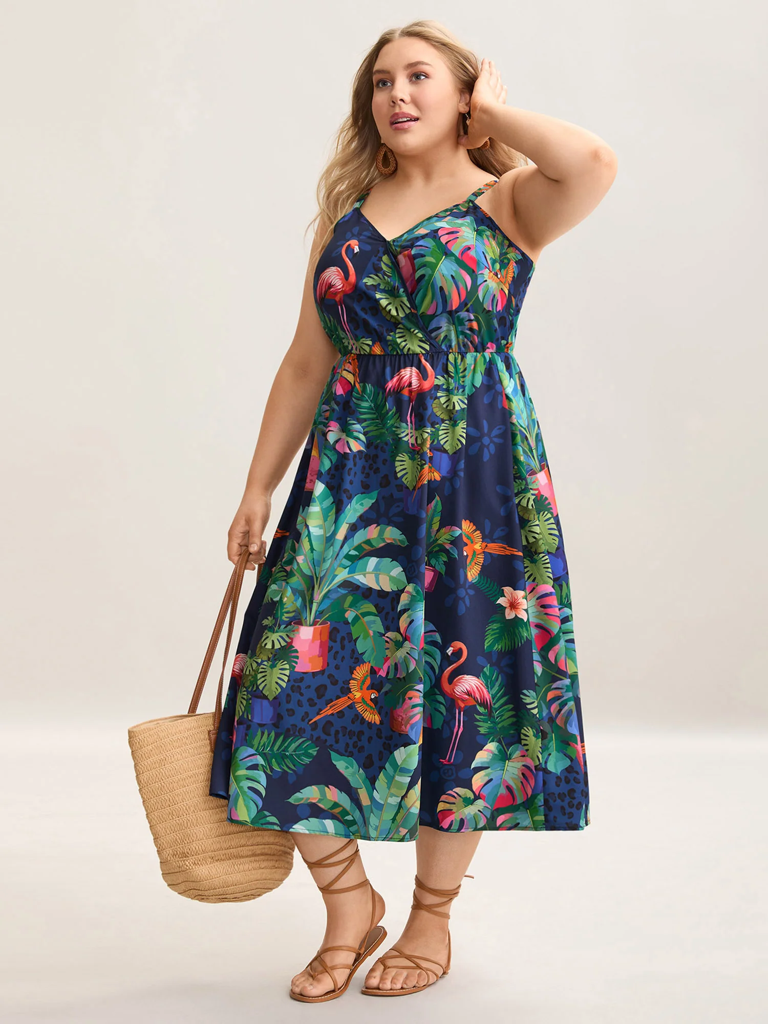 Tropical Pattern Surplice Pockets Midi Dress