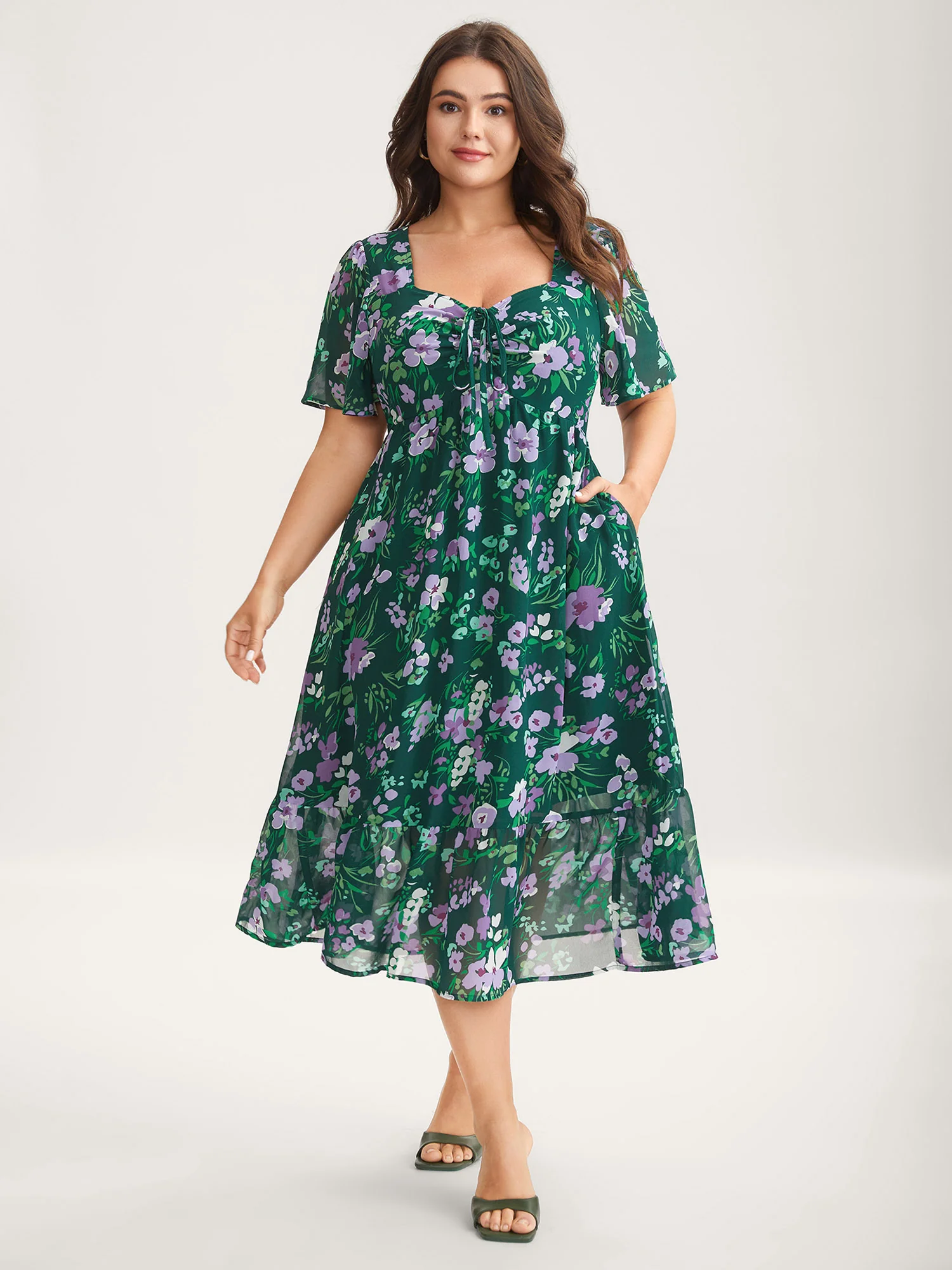 Floral Chiffon Ruched Drawstring Midi Dress