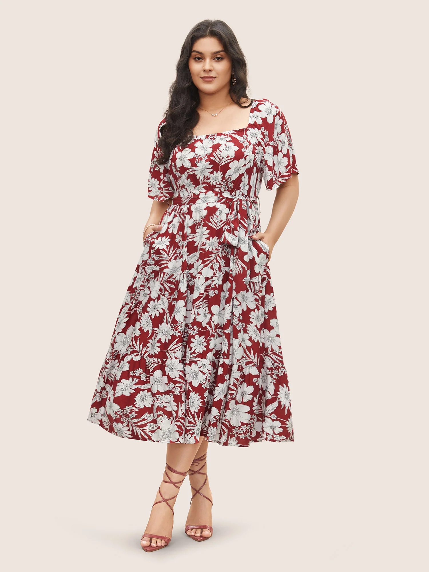 Square Neck Floral Print Belted Gathered Dress