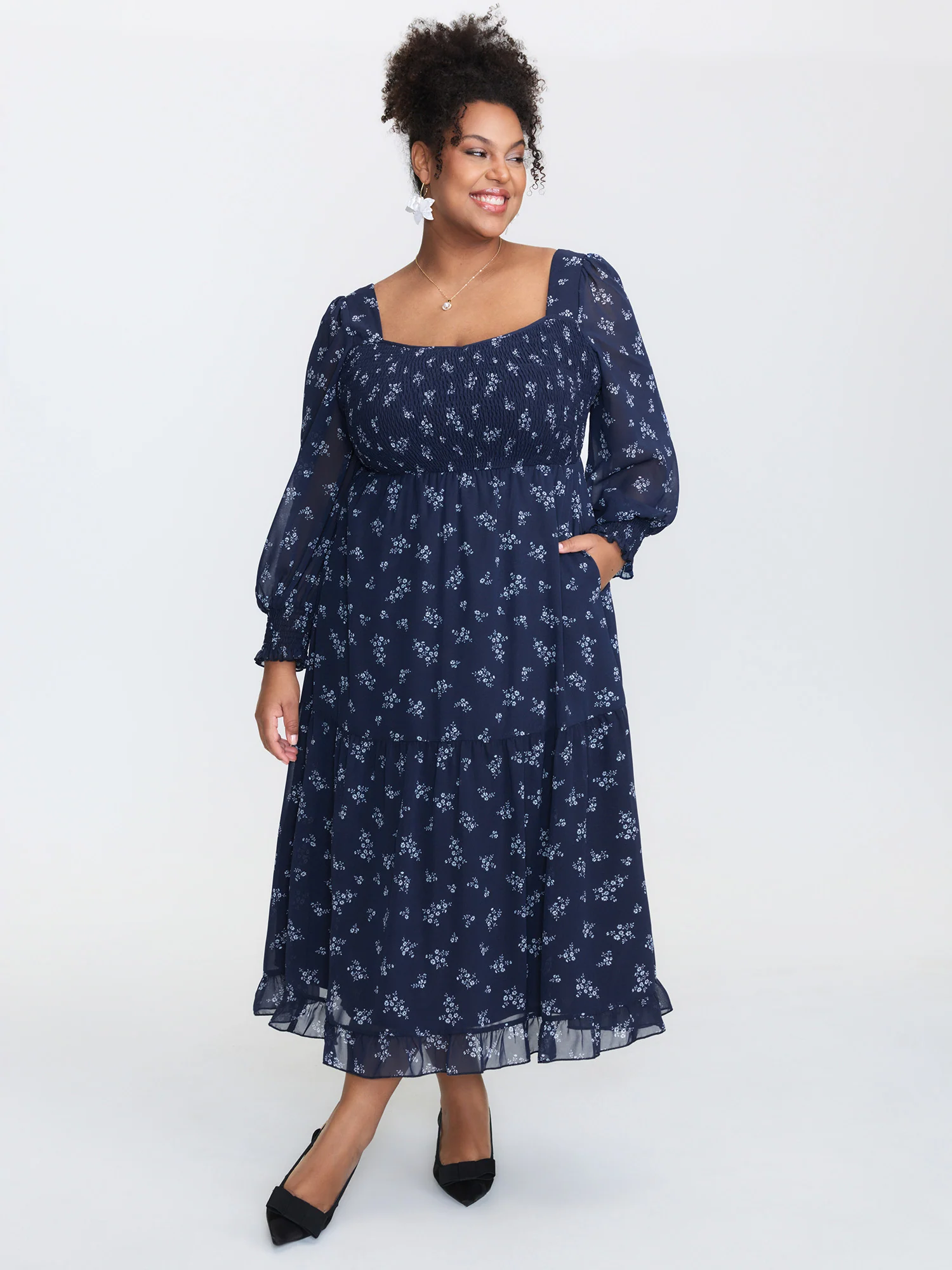 Floral Print Shirred Bodice Sheer Midi Dress