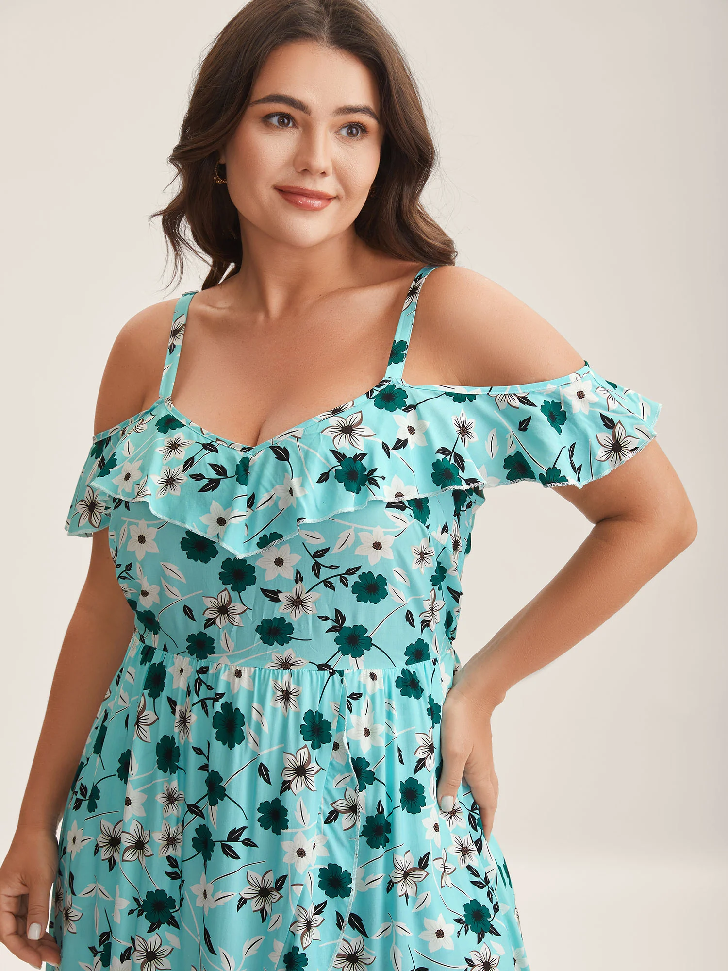 Off-Shoulder Floral Print Adjustable Midi Dress